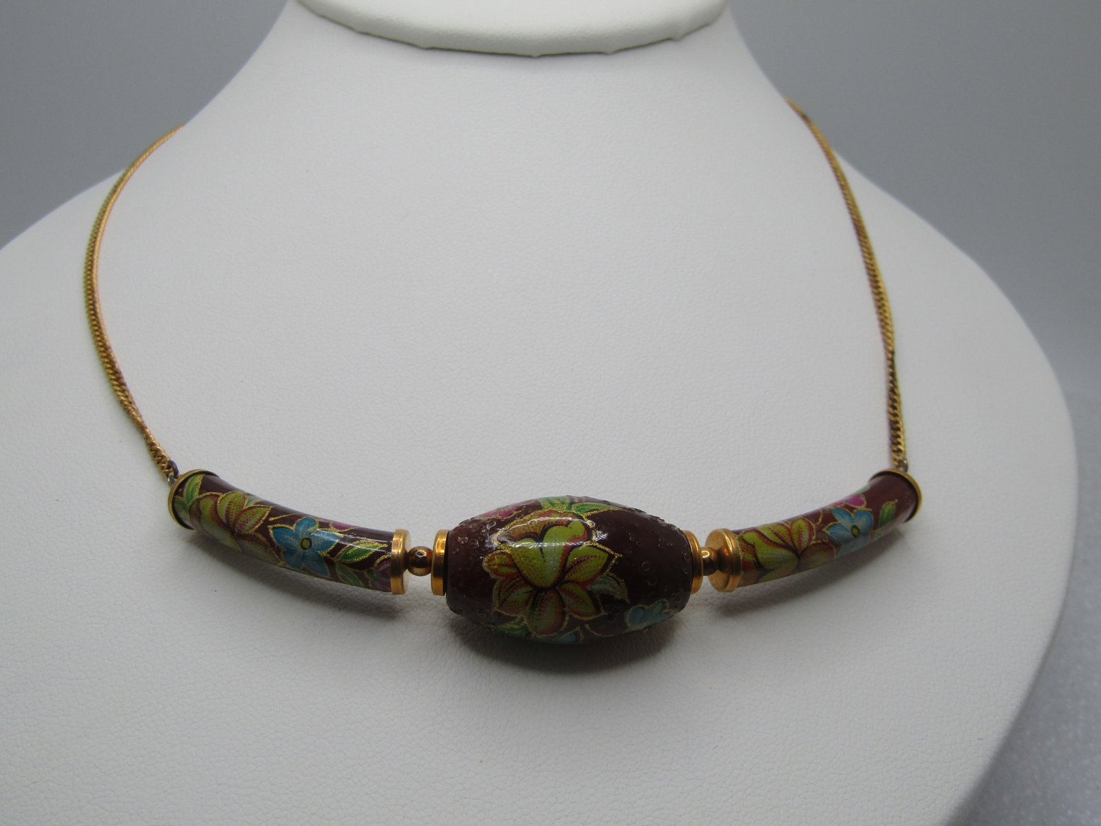 Vintage 12kt G.F. Faux Cloisonne Necklace, 22", 1970's-1980's, Signed: Title: Vintage 12kt G.F. Faux Cloisonne Necklace, 22", 1970's-1980's, Signed Description: Vintage 12kt G.F. Faux Cloisonne Necklace, 22", 1970's-1980's, Signed. The front has two curved bars and a cen