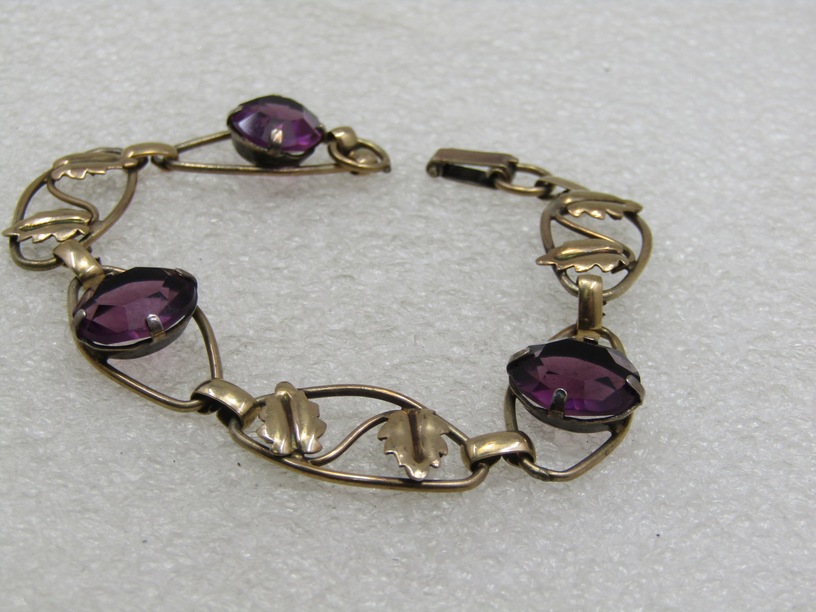 Vintage 12kt GF Purple Rhinestone Leaf Bracelet, 7.25", 1940's - 3