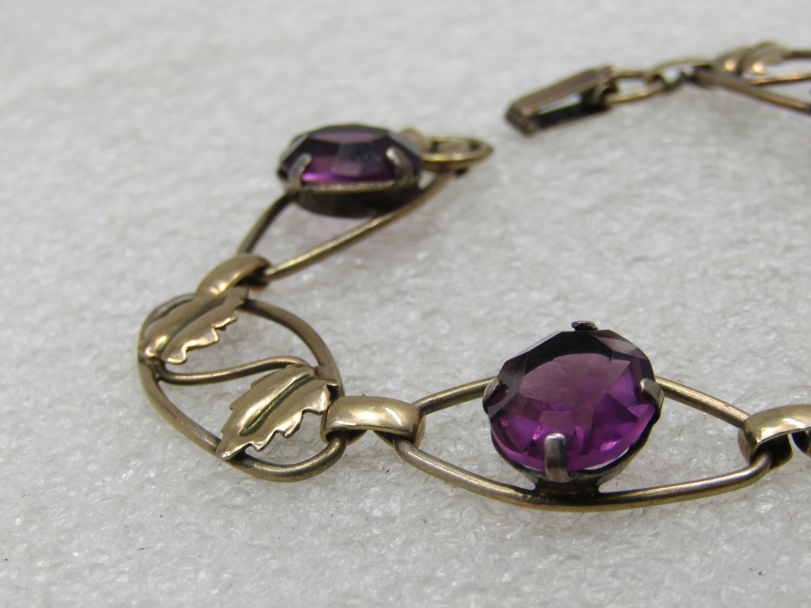 Vintage 12kt GF Purple Rhinestone Leaf Bracelet, 7.25", 1940's - 4