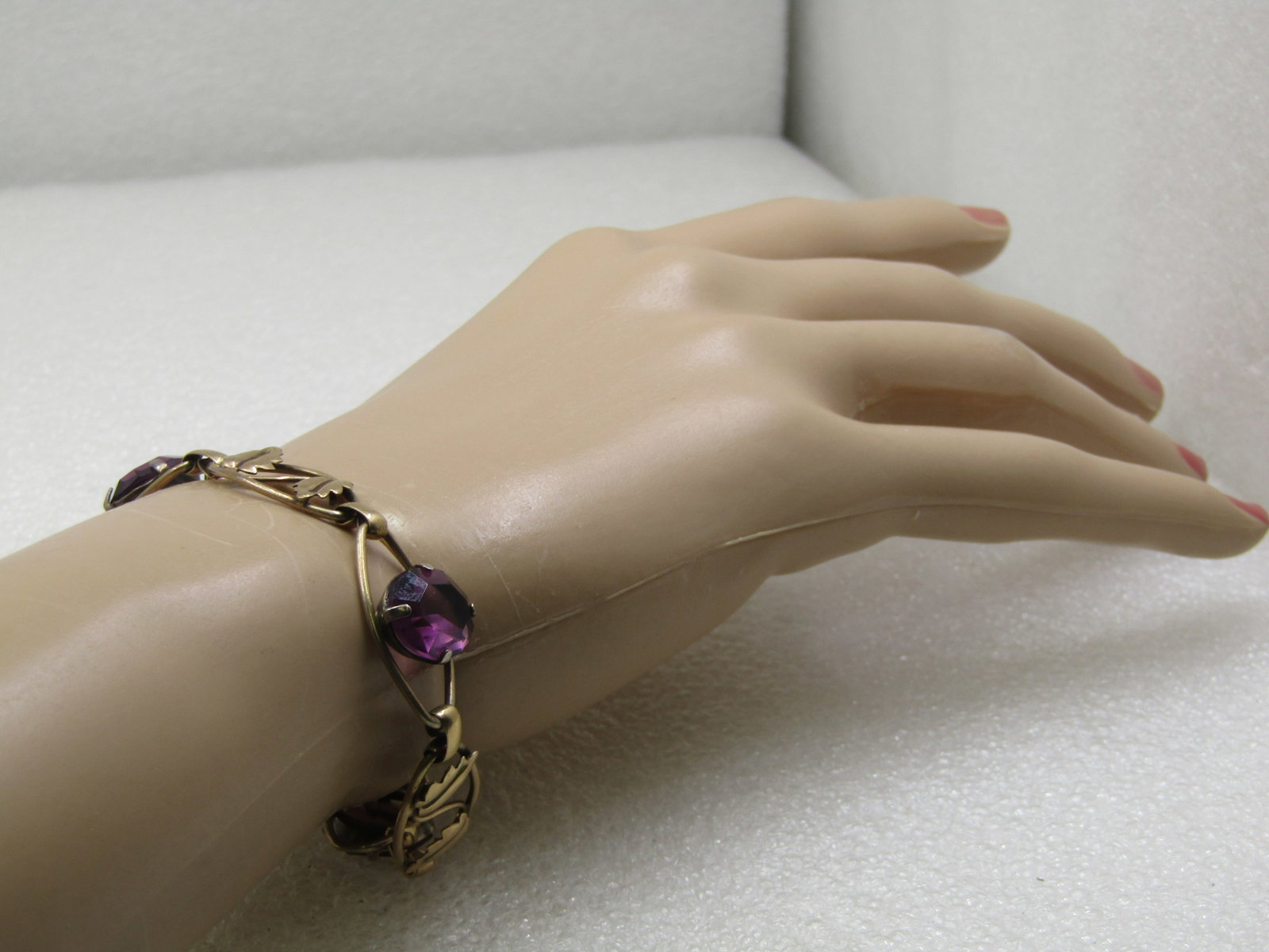 Vintage 12kt GF Purple Rhinestone Leaf Bracelet, 7.25", 1940's - 7
