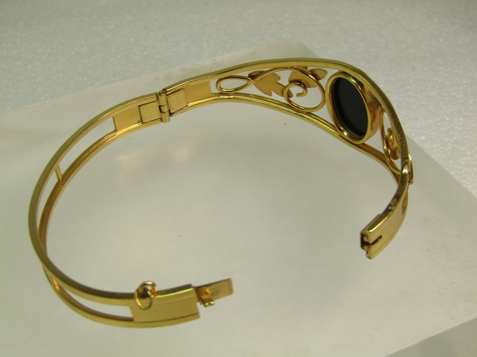 Vintage 12kt G.F. Onyx Hinged Clamper Bracelet, 6.5", 1970's, Signed Van Dell - 6