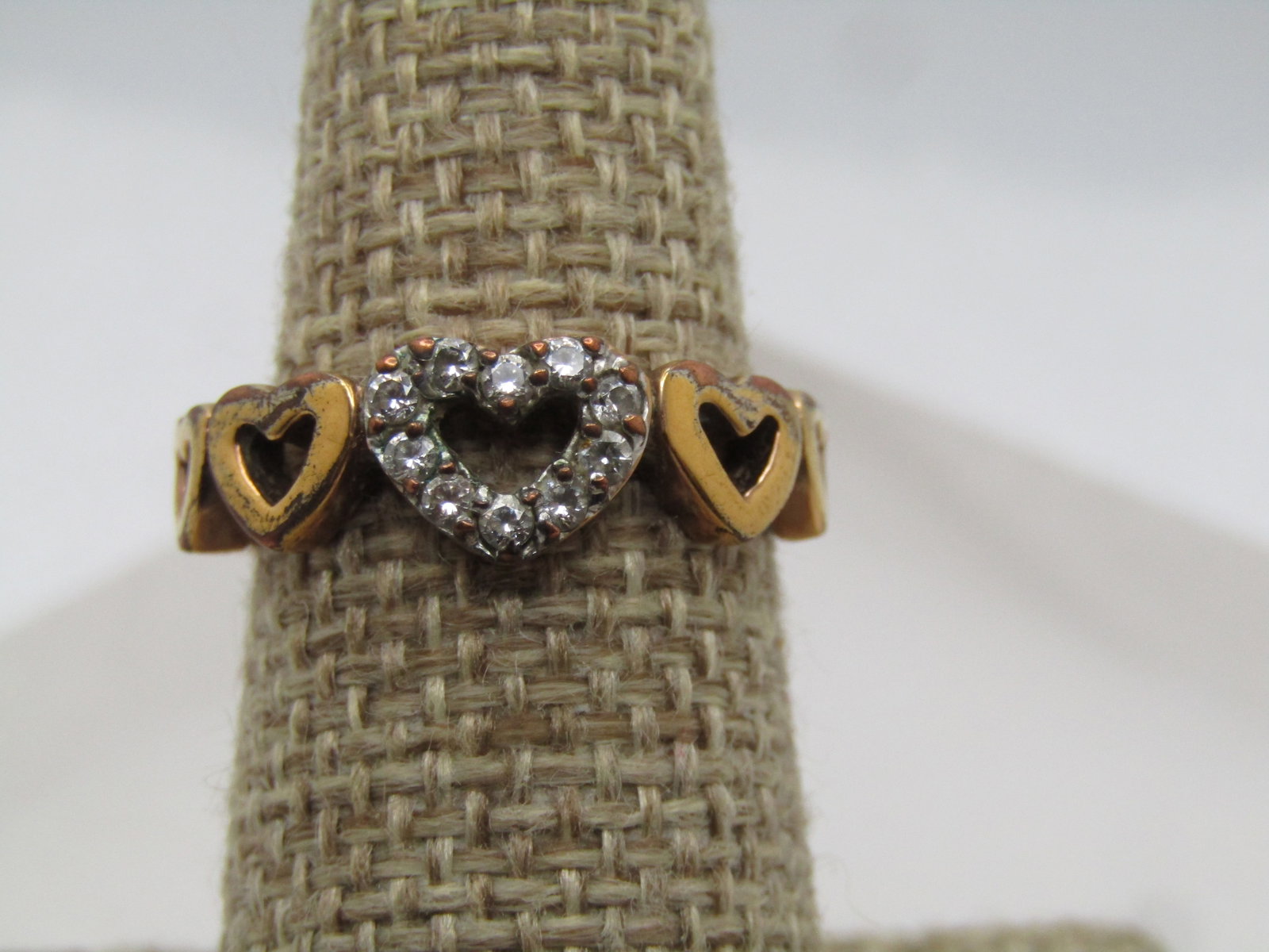 Vintage 10kt G.F. Five Heart Ring with Rhinestones, Sz. 7.5, 1980's, Signed (1 of 7)