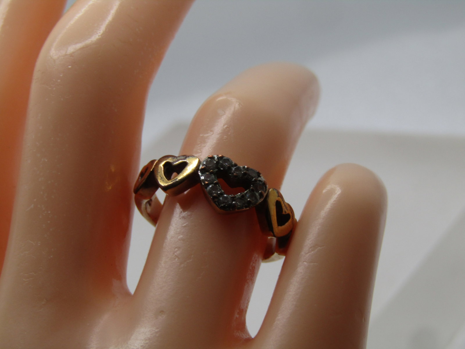 Vintage 10kt G.F. Five Heart Ring with Rhinestones, Sz. 7.5, 1980's, Signed - 7