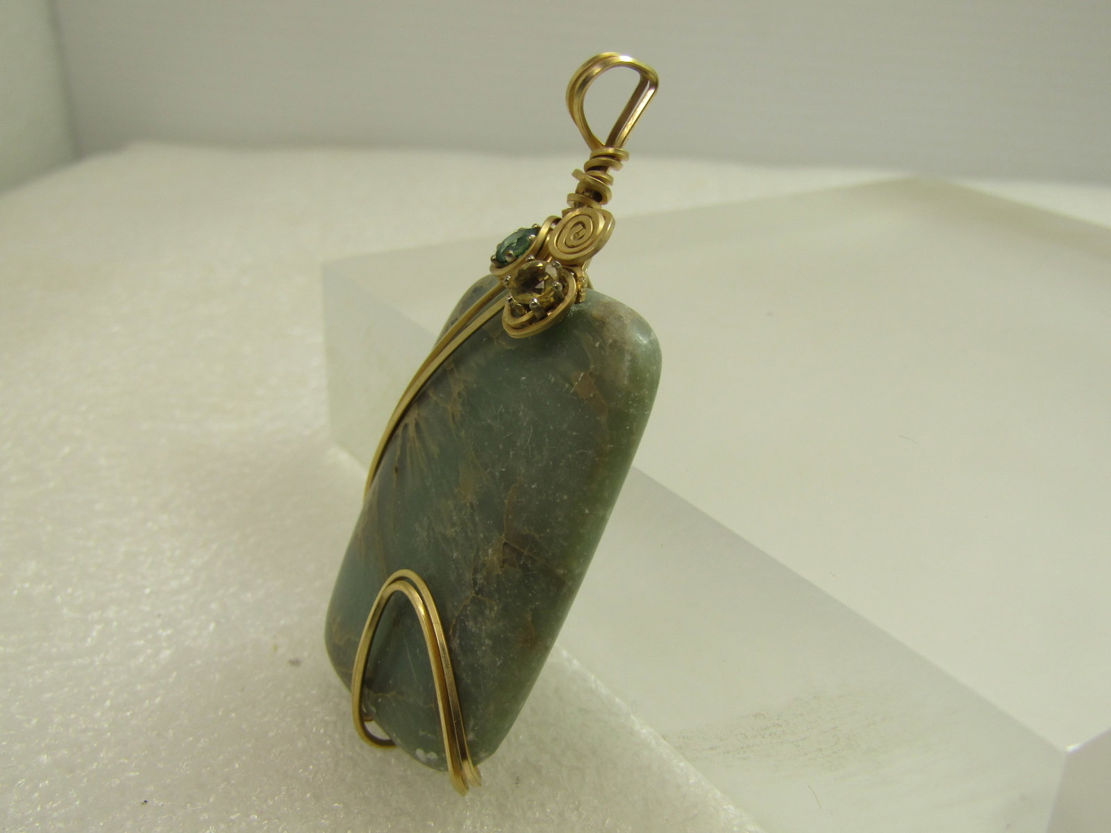 Vintage Green Quartz/Agate/Spinel Wrapped Stone Pendant, 10kt G.F. - 2