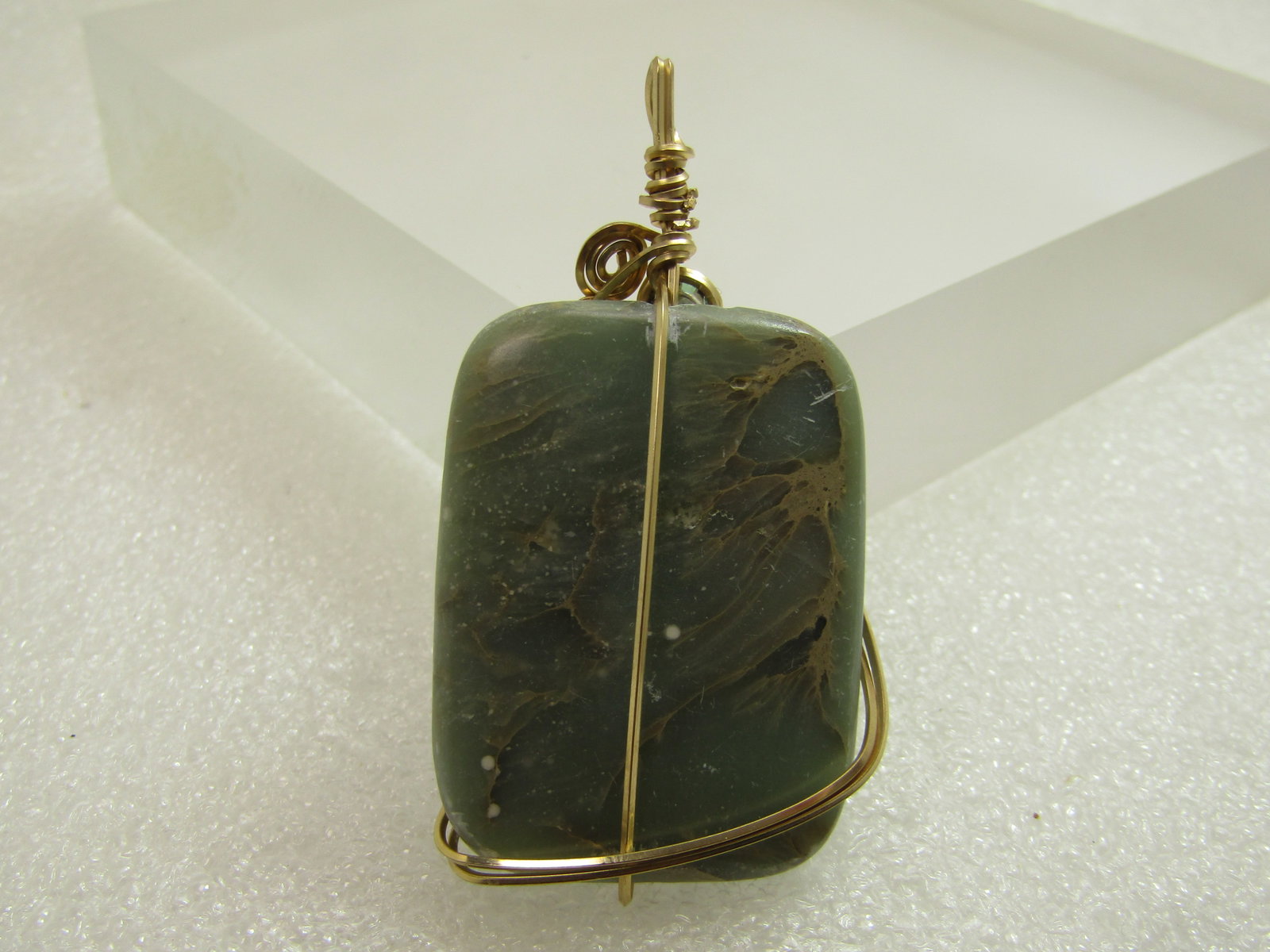 Vintage Green Quartz/Agate/Spinel Wrapped Stone Pendant, 10kt G.F. - 4
