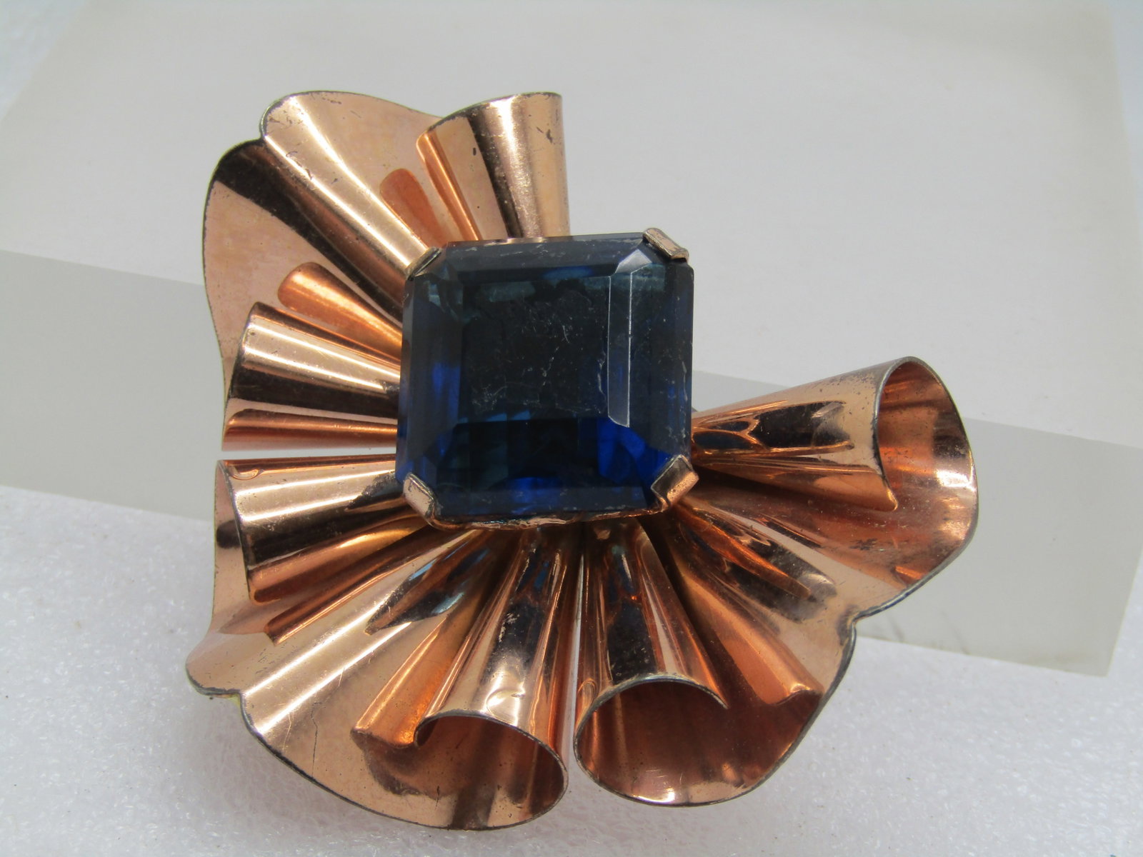 Vintage Mod Curled Rhinestone Brooch, Sterling/Rose Gold , 1940's, 3" by 2.25" - 2