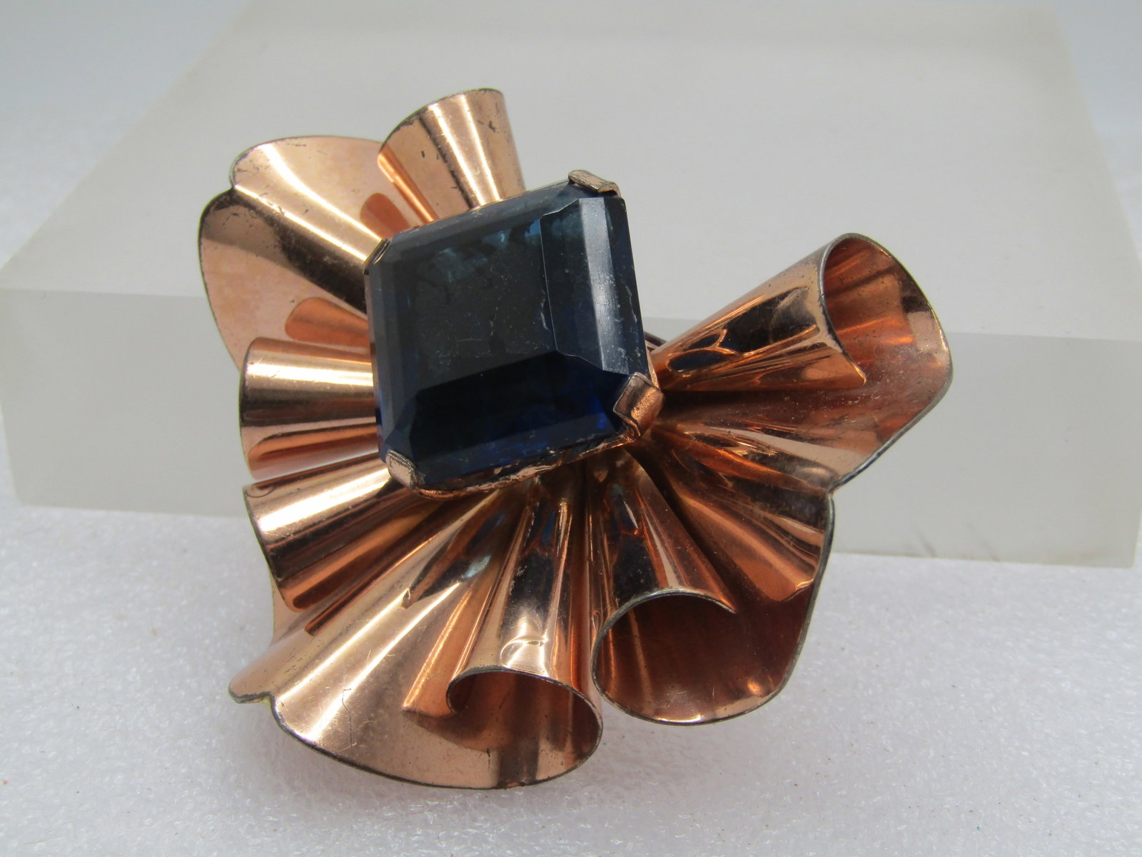 Vintage Mod Curled Rhinestone Brooch, Sterling/Rose Gold , 1940's, 3" by 2.25" - 3