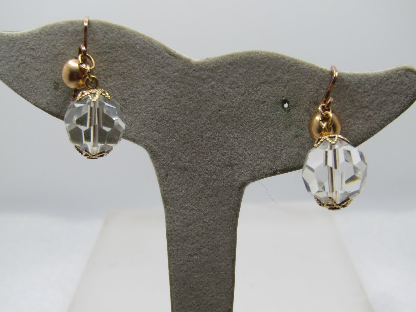 Vintage Faceted Crystal Drop Slide Earrings, Mid-Century, 10kt GF: Title: Vintage Faceted Crystal Drop Slide Earrings, Mid-Century, 10kt GF Description: Vintage 10kt G.F. Faceted Crystal Drop Slide Earrings, Mid-Century. These are made with gold tone square wire to c