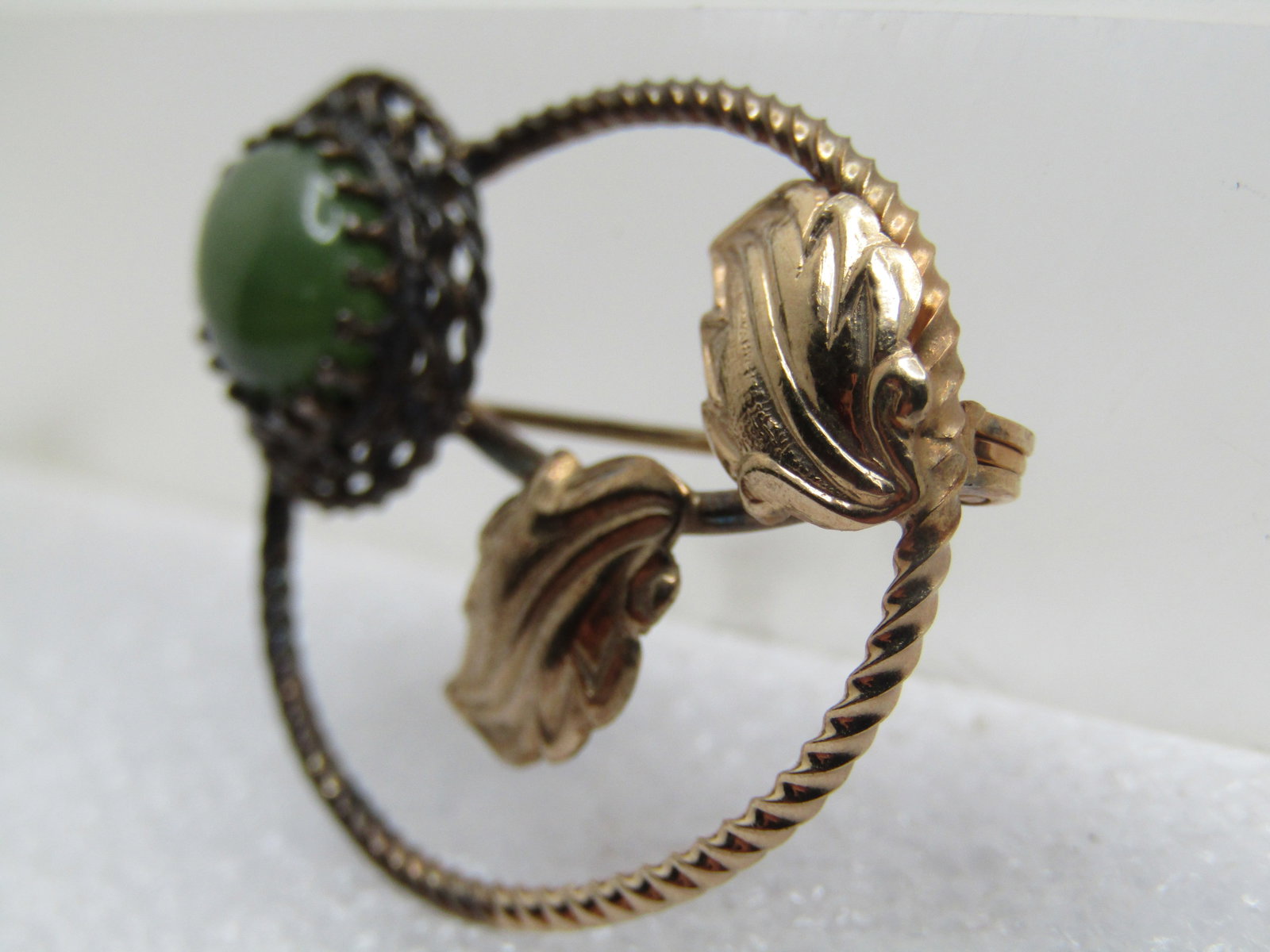 Vintage 12kt G.F. Floral Green Agate Brooch, 1950's-1960's, Signed - 2
