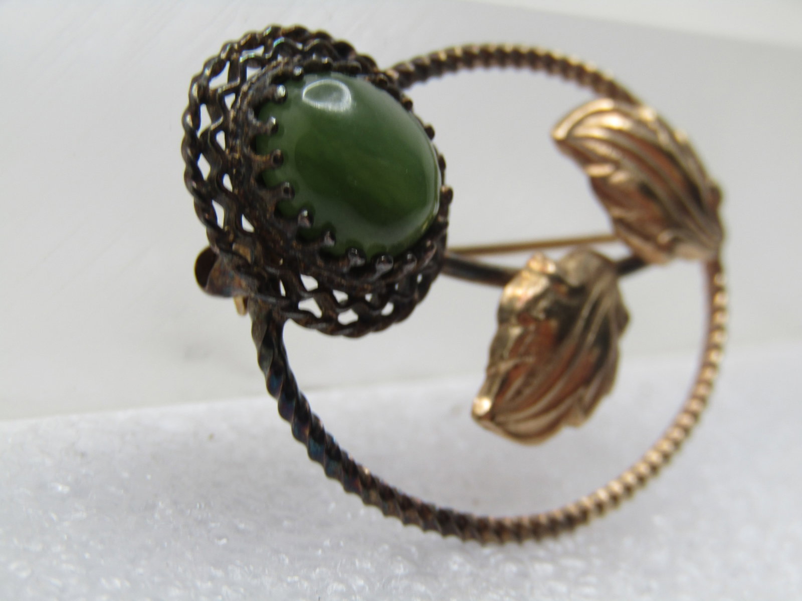 Vintage 12kt G.F. Floral Green Agate Brooch, 1950's-1960's, Signed - 3