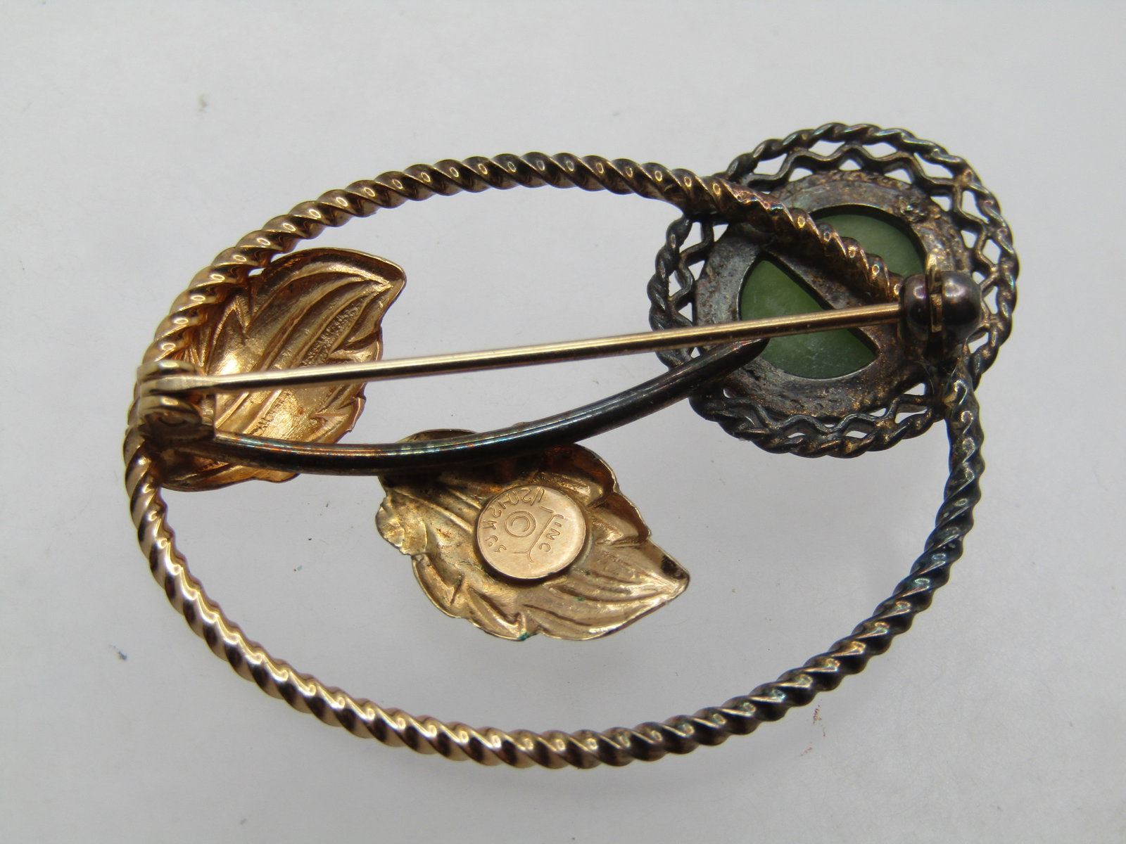 Vintage 12kt G.F. Floral Green Agate Brooch, 1950's-1960's, Signed - 4