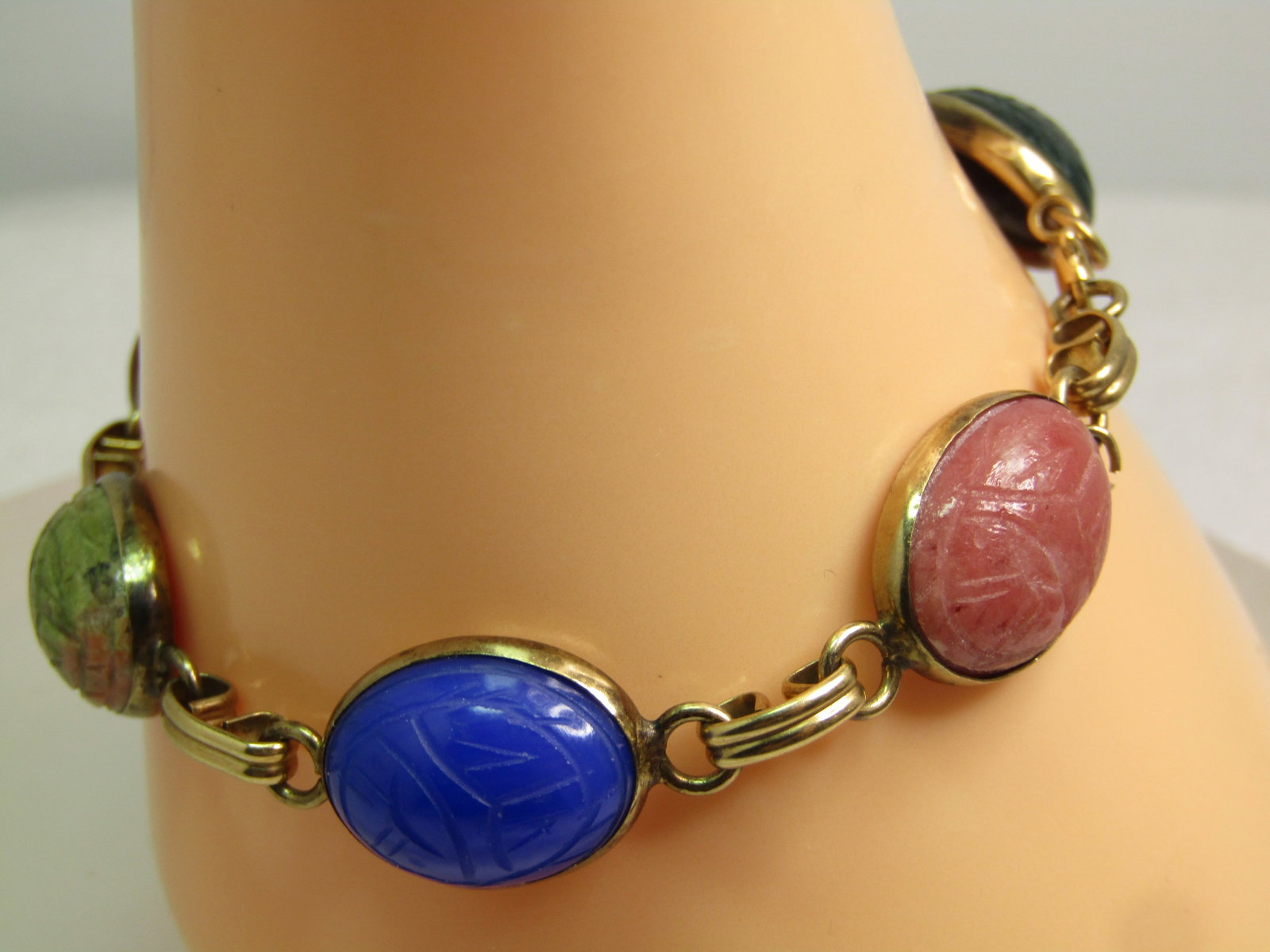 Vintage Egyptian Scarab GF Bracelet, 7.5", Unakite, Carnelian, Tiger's Eye, More, 1960's - 4