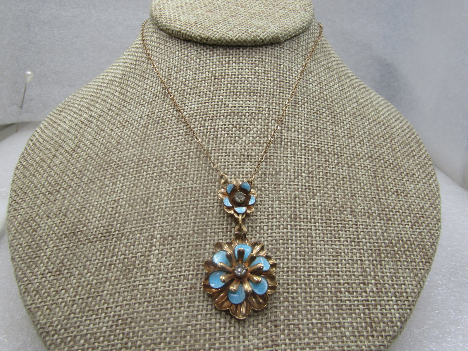 Vintage Enameled Rhinestone Blossom Lavalier Necklace, Signed Barclay, 1/20 12kt G.F., 18" (1 of 5)