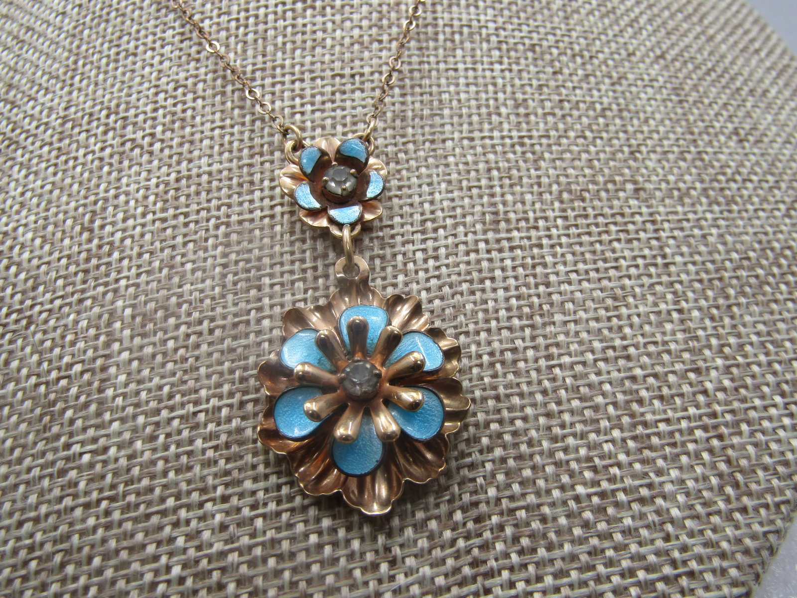 Vintage Enameled Rhinestone Blossom Lavalier Necklace, Signed Barclay, 1/20 12kt G.F., 18" - 2