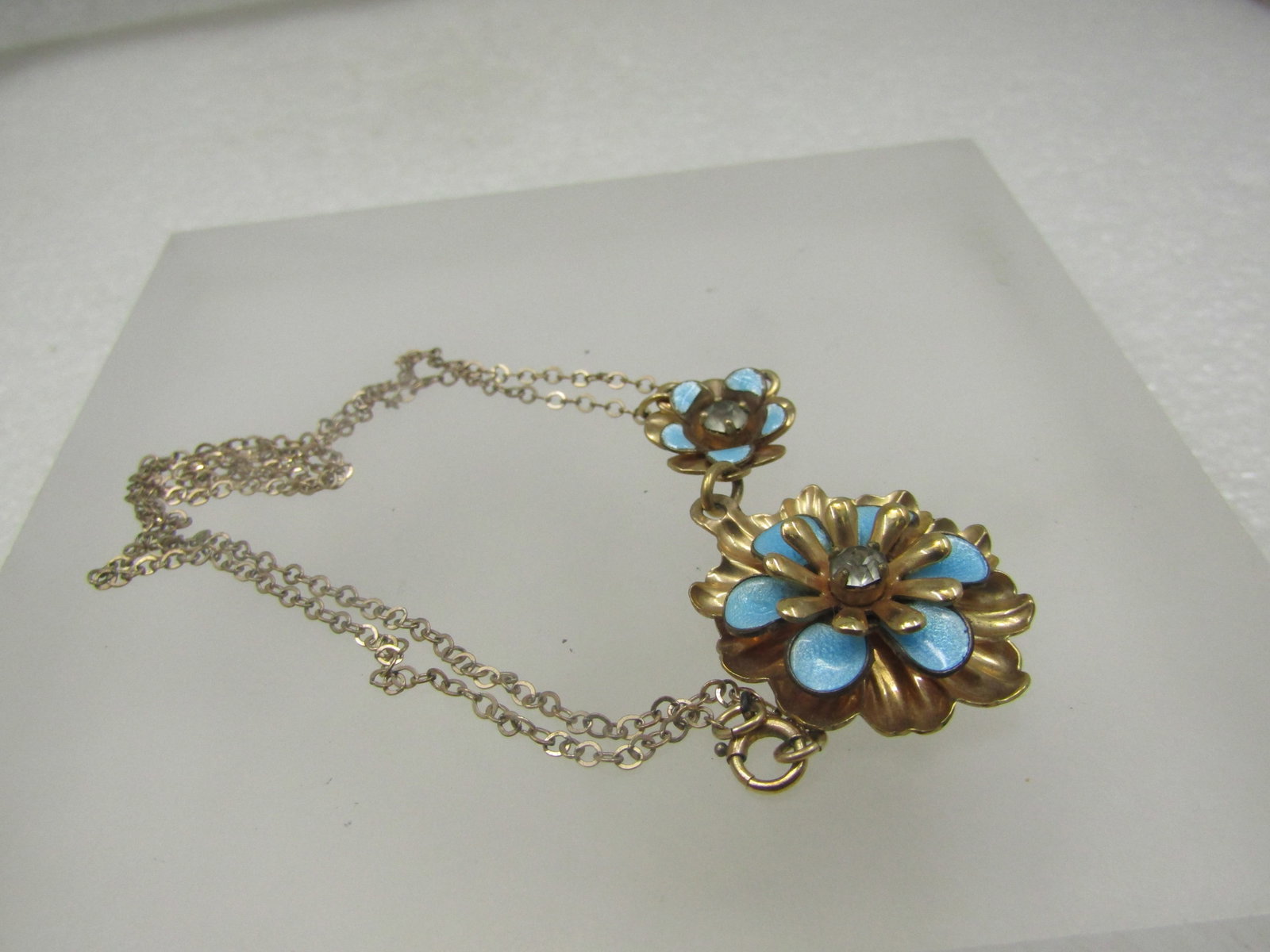 Vintage Enameled Rhinestone Blossom Lavalier Necklace, Signed Barclay, 1/20 12kt G.F., 18" - 5