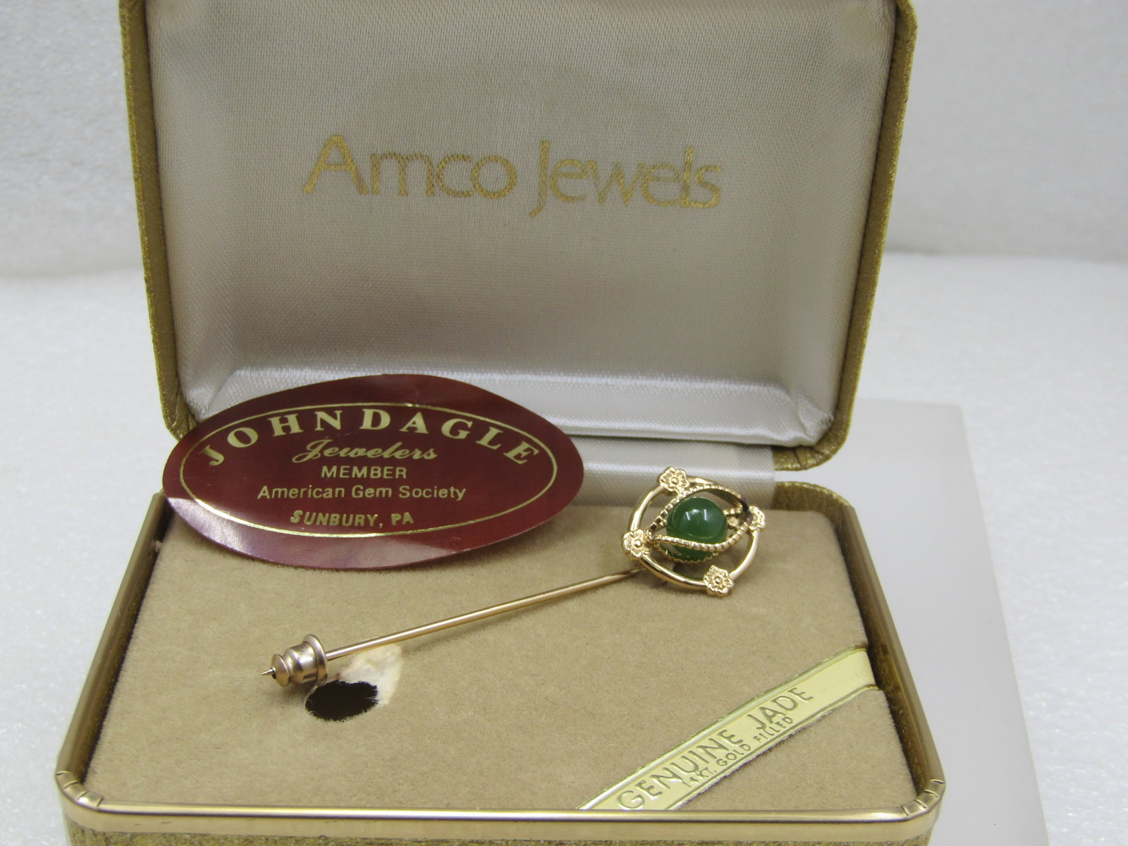 Vintage 14kt G.F. Genuine Jade Stick Pin, Amco Jewels, In Box, 1960's-1970's - 4