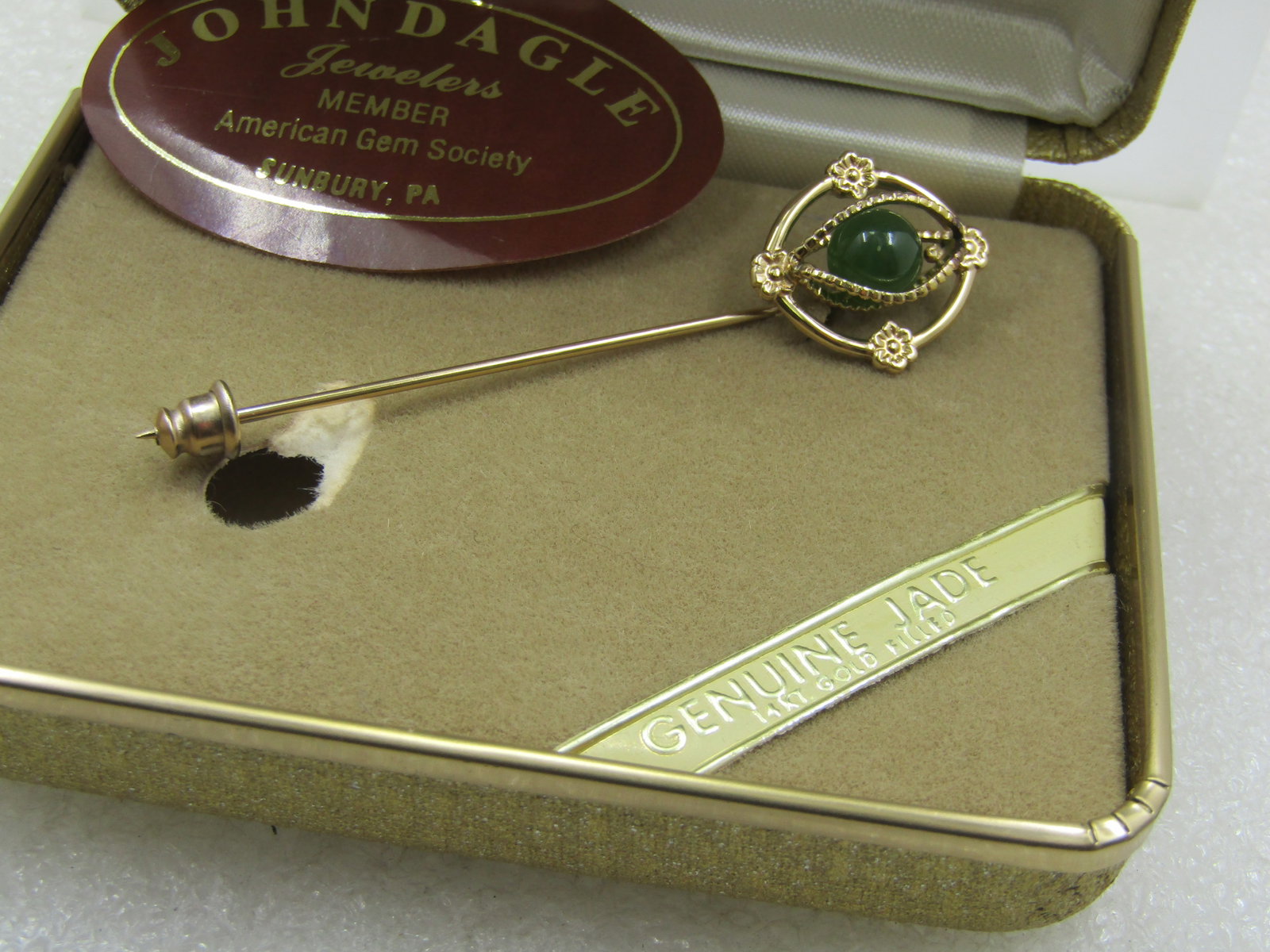 Vintage 14kt G.F. Genuine Jade Stick Pin, Amco Jewels, In Box, 1960's-1970's - 5