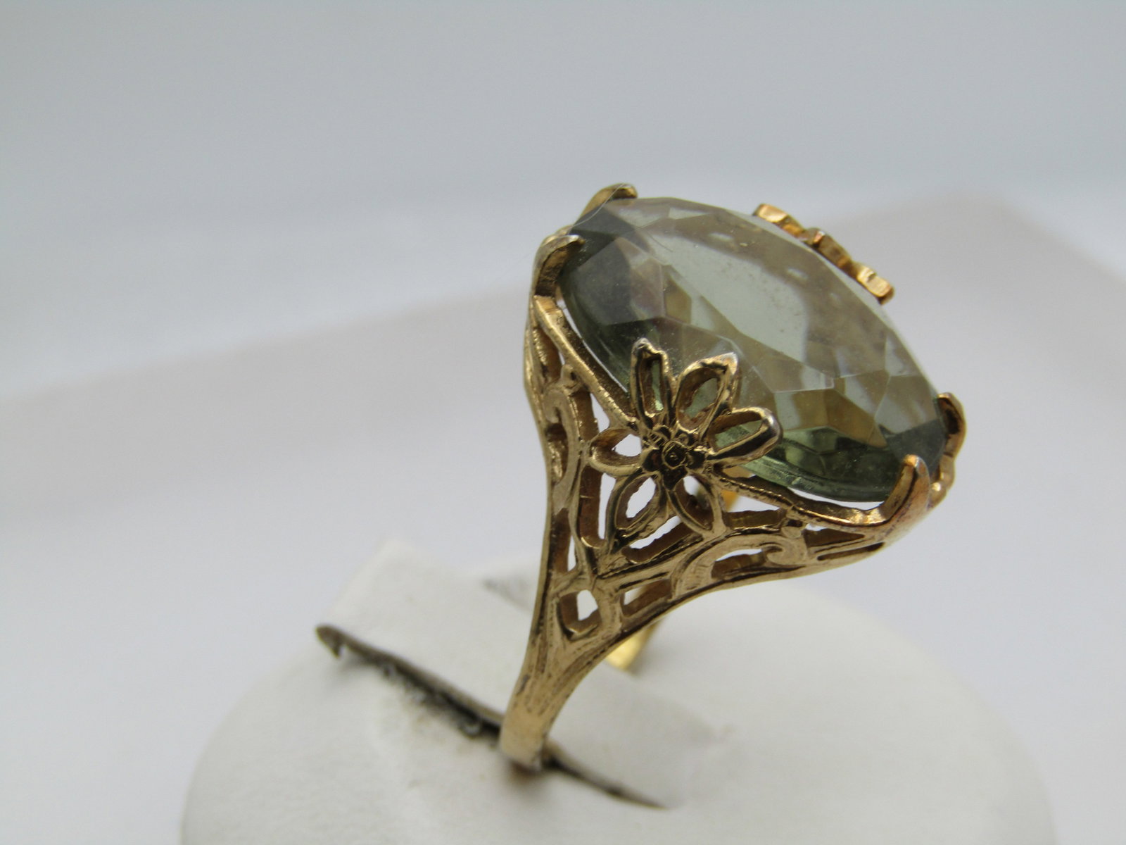 Vintage 10kt GP Pale Green Stone Ring, Signed Uncas, Size 9, Mid-Century - 2