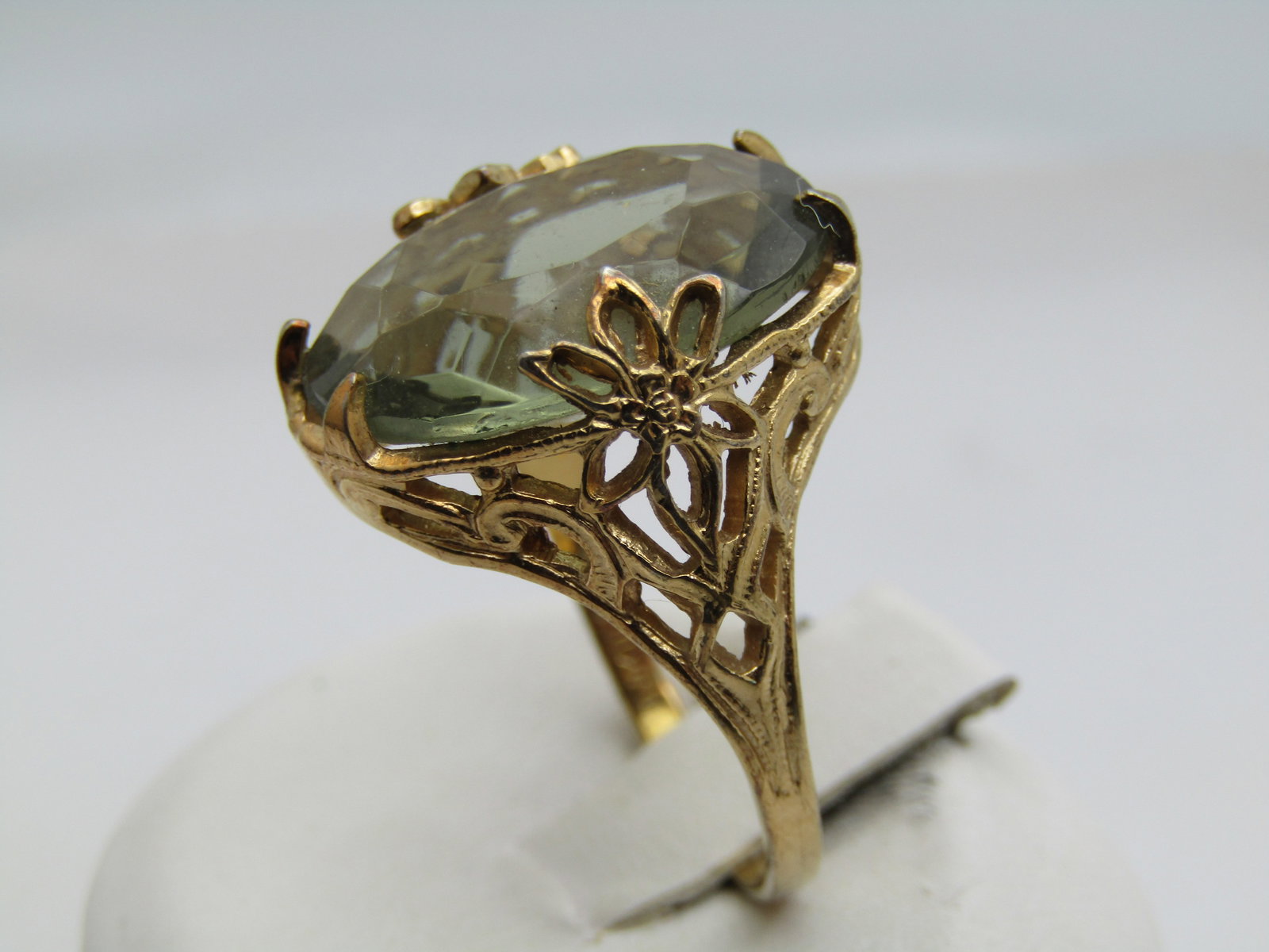 Vintage 10kt GP Pale Green Stone Ring, Signed Uncas, Size 9, Mid-Century - 3