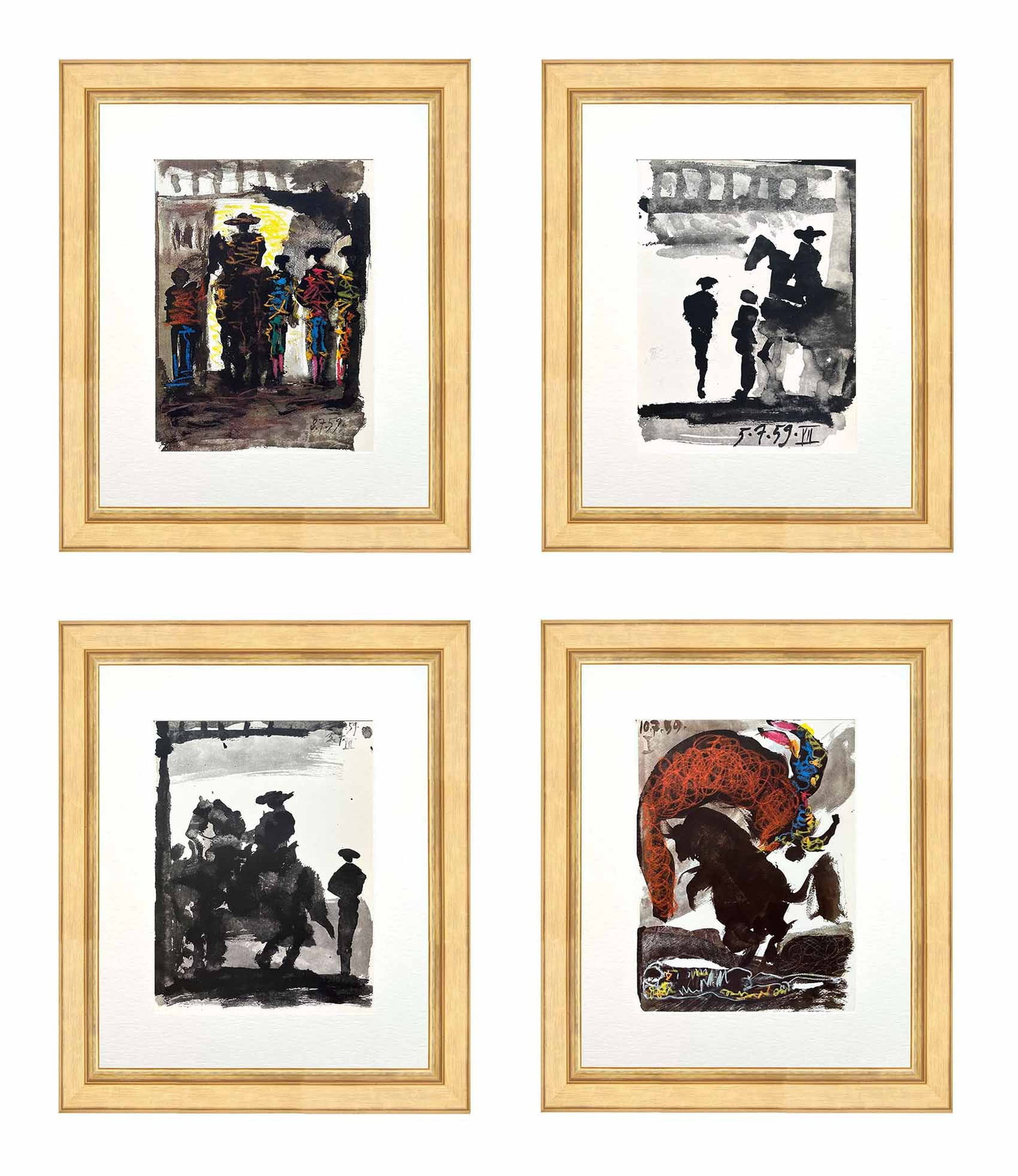 Pablo Picasso Toros y Toreros Set of 4 Bullfighters and picador framed: Artist: Pablo Picasso Country: Spain Title: Set of 4 Bullfighters and picador Medium: Brichromie Marks: Not signed not numbered Paper size: Vellum 14.75 x 10.50 inch Publisher: Editions Cercle d'Art