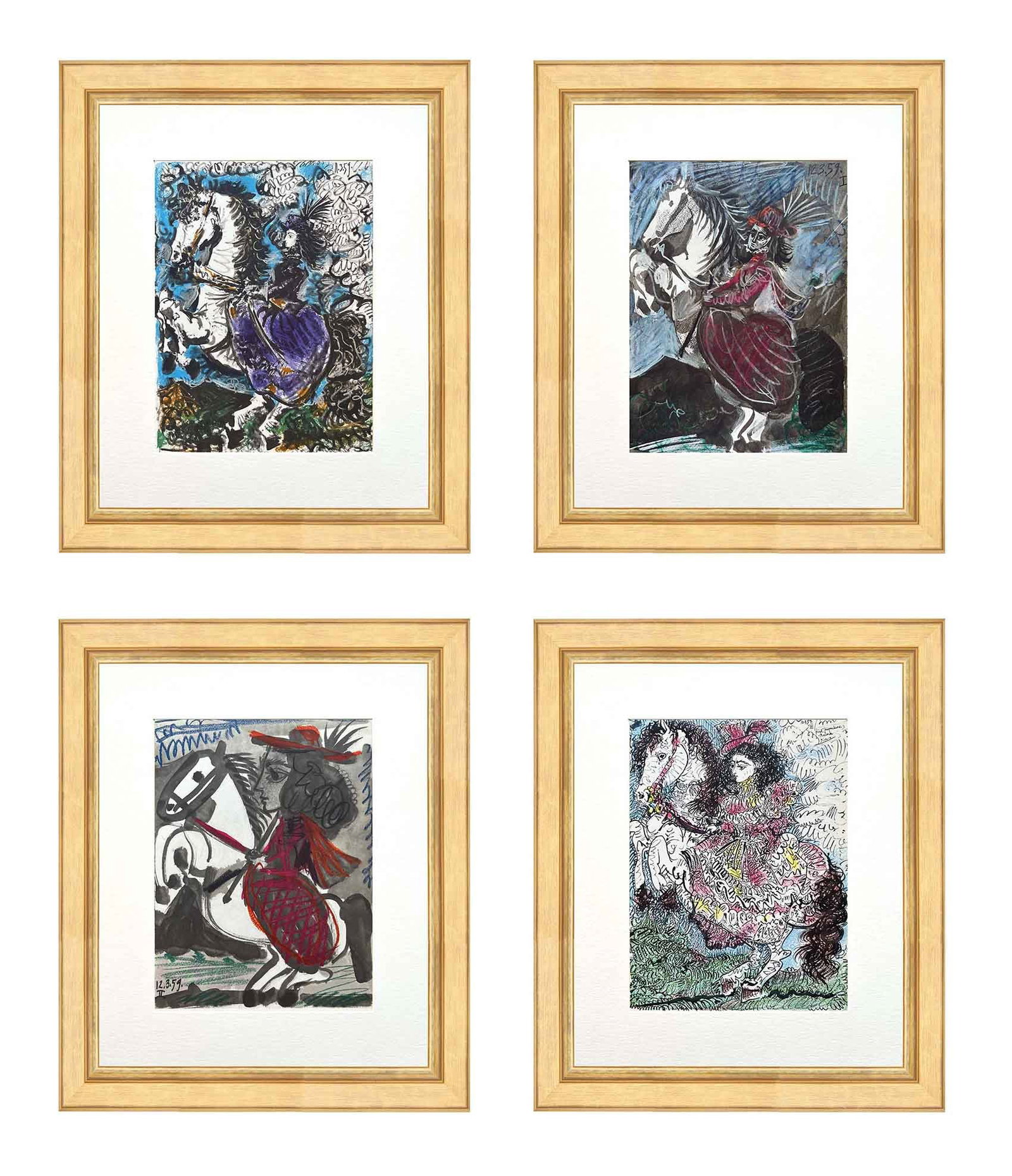 Pablo Picasso Toros y Toreros Set of 4 Riding horse framed: Artist: Pablo Picasso Country: Spain Title: Set of 4 Riding horse Medium: Brichromie Marks: Not signed not numbered Paper size: Vellum 14.75 x 10.50 inch Publisher: Editions Cercle d'Art 1961, France