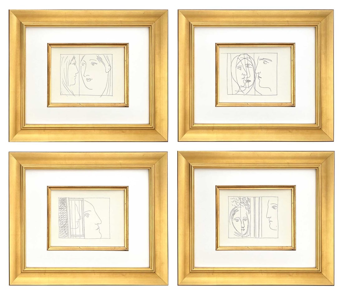 Picasso Set of 4 framed prints from Metamorphoses: These four remarkable prints by Pablo Picasso feature metamorphosis scenes. Each print is beautifully framed in a high-quality gold-leaf wood frame, each measuring 18x15 inches. Artist: Pablo Picasso