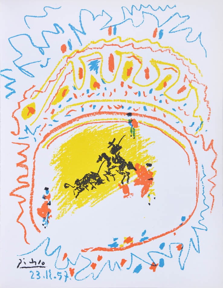 Picasso Original Lithograph Signed Corrida XXe Siecle 1971: Artist: Pablo Picasso Title: Corrida Medium: Original Lithograph Marks: Signed & dated in Plate Paper Size:12.50 x 9.50 inch Provenance: Homage to Picasso XXe Siecle 1971 Reference: Cramer n. 92,