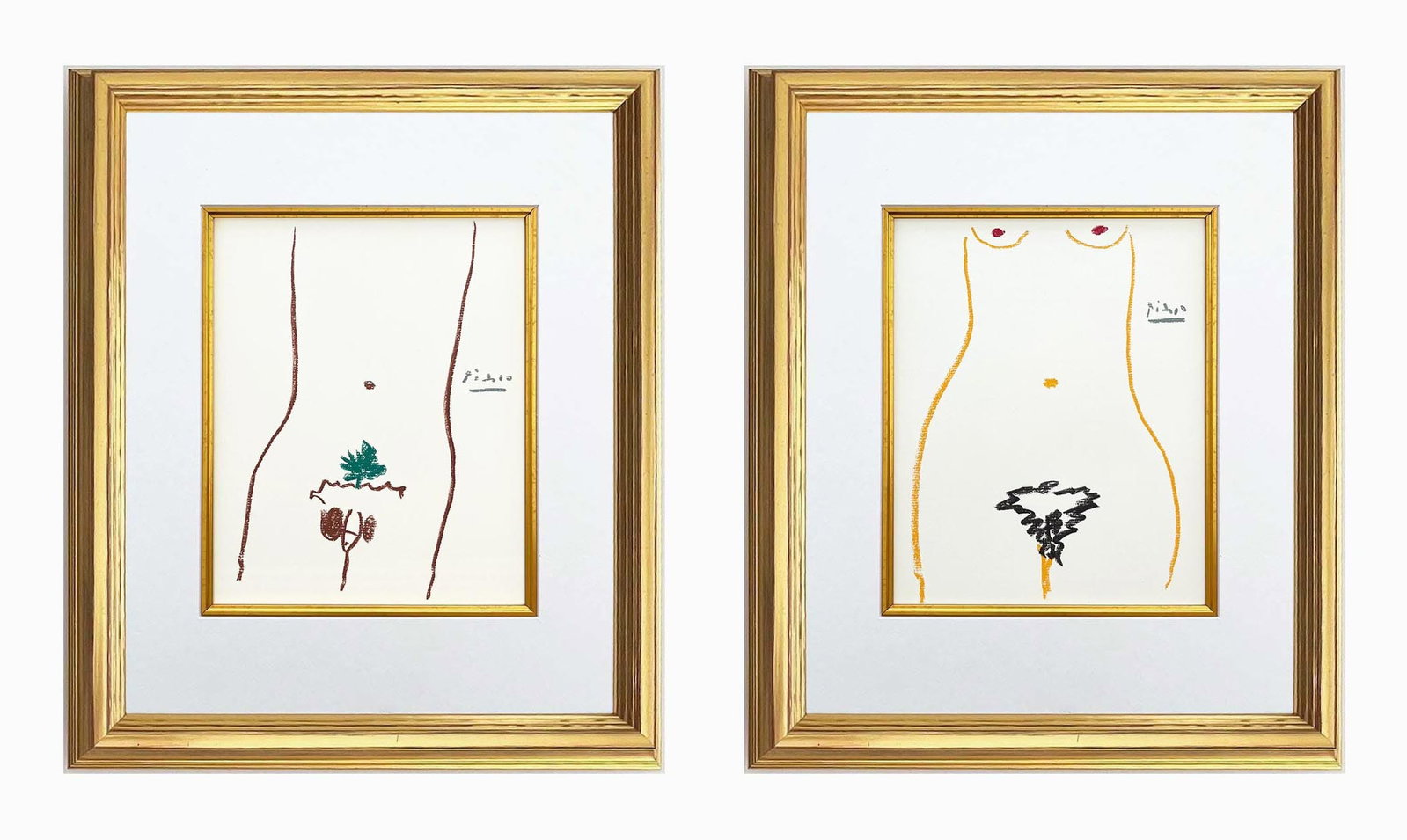 Picasso Lithograph Set of 2 framed Adam and Eve: Title: Set of 2 lithographs Adam and Eve Artist: Pablo Picasso Country: Spain Medium: Lithograph 39-41 Marks: Signed in plate, not numbered Paper Size: 13.70 x 9.50 inch Printed: 1968 on velum paper