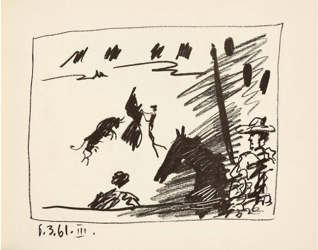 Pablo Picasso III . 6-3-61 Original Lithograph Pass with cape a los Toros: Title: Pass with cape a los toros Artist: Pablo Picasso Country: Spain Medium: Original Lithograph III. 6-3-61 Marks: Dated in the plate, not signed or numbered Paper Size: 9.75 x 12.50 inches Printed
