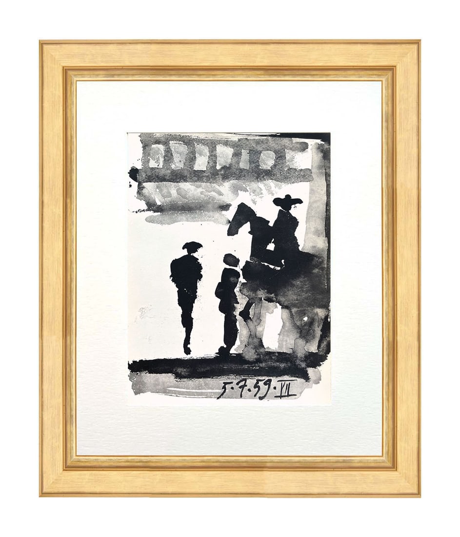 Pablo Picasso Toros y Toreros 7 dated 5/7/59 framed: Artist: Pablo Picasso County: Spain Title: Toros y Toreros 7 dated 5/7/59 Medium: Bichromie Paper size: On vellum 14.75 x 10.50 inch Publisher: 1961 by Editions Cercle d'art, France Provenance: Sketch