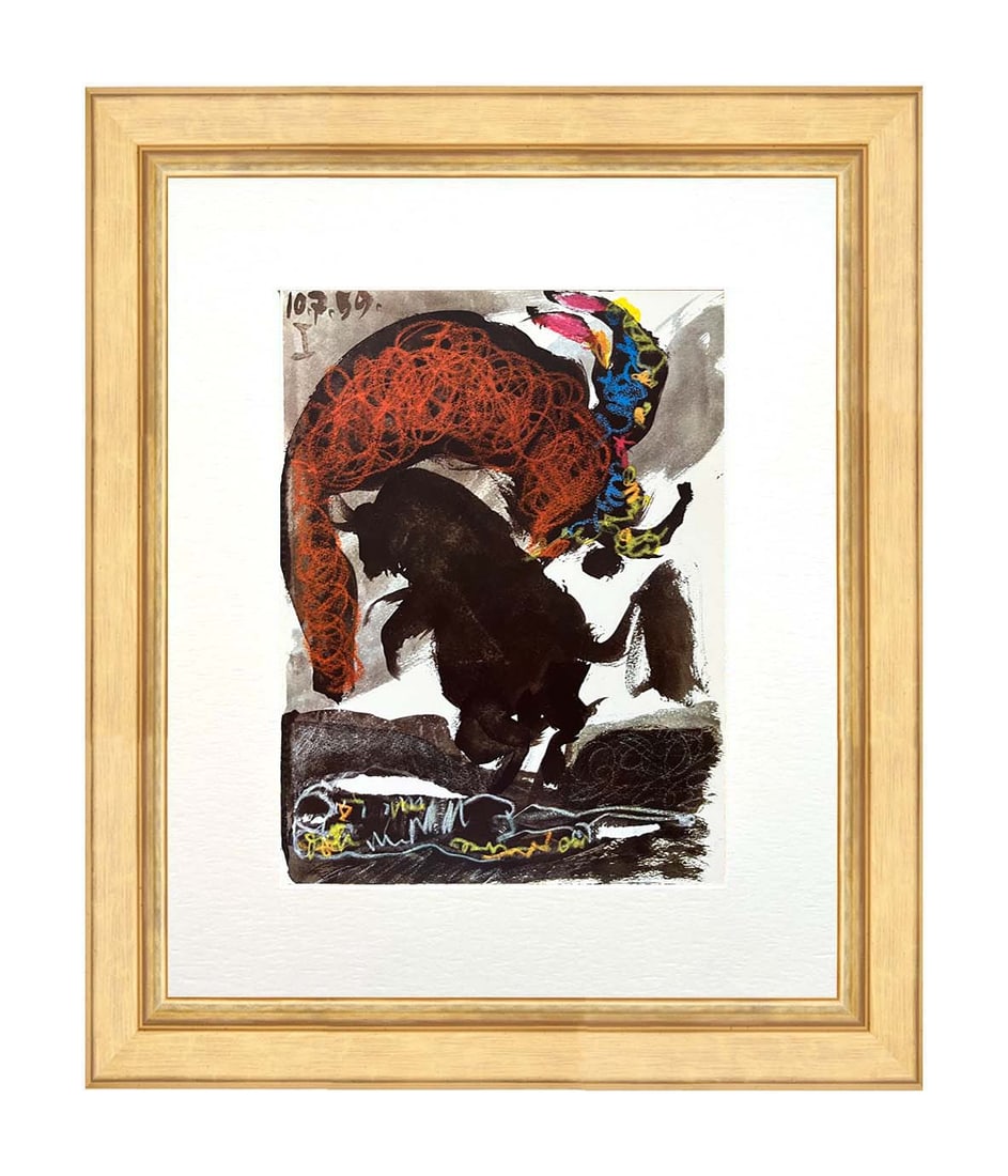 Pablo Picasso Toros y Toreros 1 dated 10/7/59 Framed: Artist: Pablo Picasso Country: Spain Title: Toros y Toreros 1 dated 10/7/59 Medium: Quadrichromie Paper size: Vellum paper 15 x 11 inch Printed: Editions Cercle d'art 1961, France Provenance: Sketchbo