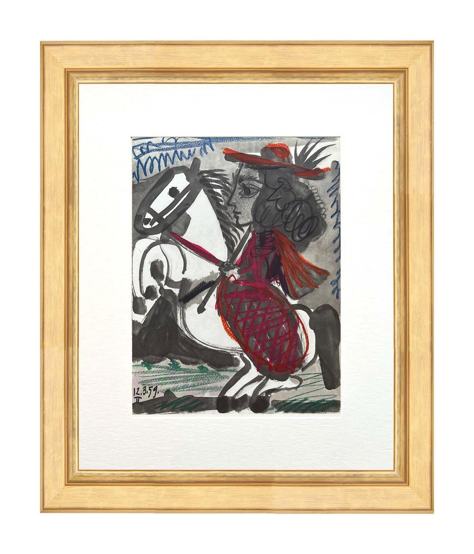 Pablo Picasso Toros y Toreros 2 dated 12/3/59 Framed: Artist: Pablo Picasso Country: Spain Title: Toros y Toreros 2 dated 12/3/59 Medium: Quadrichromie Marks: Not signed not numbered Paper size: Vellum 14.75 x 10.50 inch Publisher: Editions Cercle d'Art 