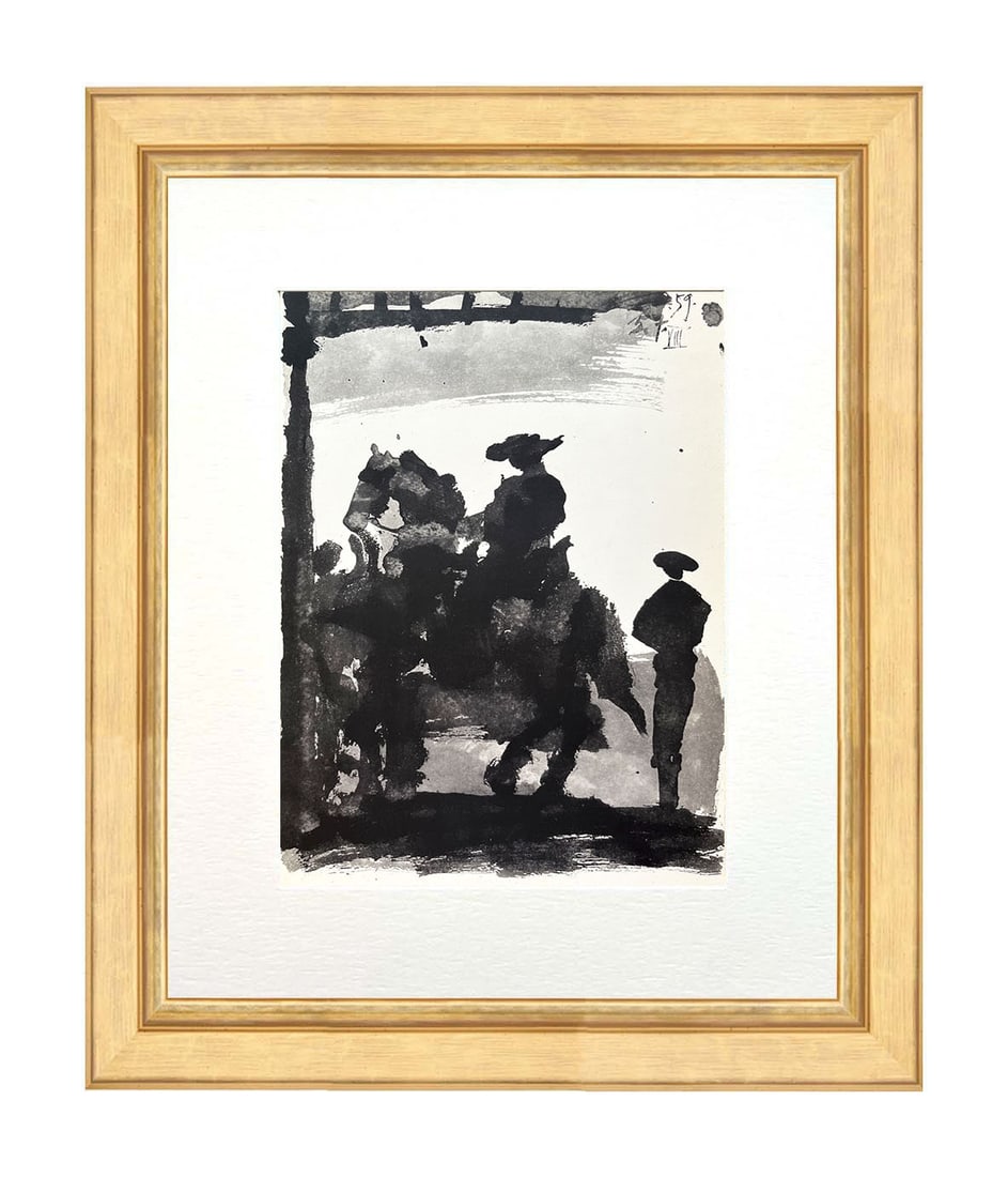 Pablo Picasso Toros y Toreros 8 dated 5/7/59 framed: Picasso Toros Y Toreros No. 8 dated 5/7/59 Medium: Bichromie Paper size: Vellum paper 14.75 x 10.5 inch Publisher: Editions Cercle d'art 1961, France Provenance: Sketchbook Toros Y Toreros 1961 Condit