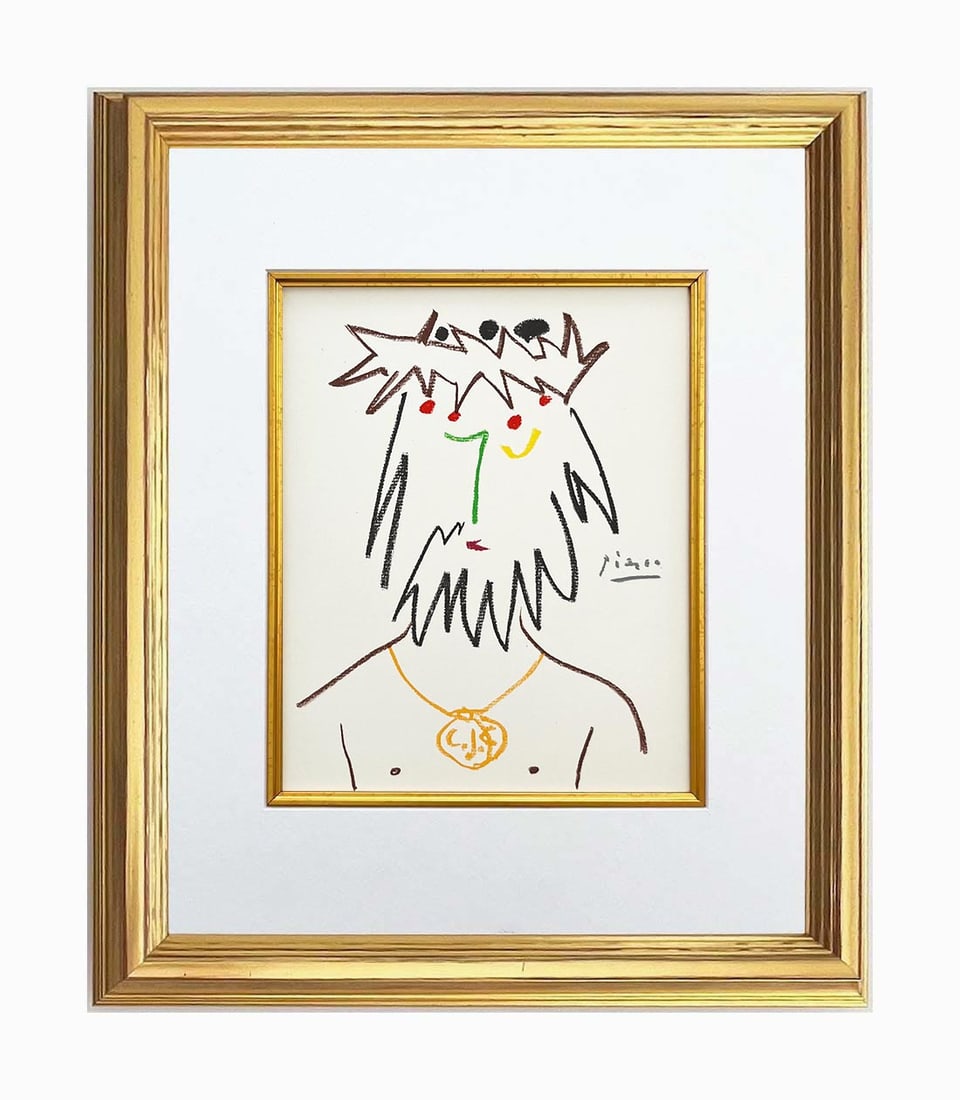 Picasso Lithograph 27 CJC framed: Title: CJC Artist: Pablo Picasso Country: Spain Medium: Lithograph 27 Marks: Signed in plate, not numbered Paper Size: 13.70 x 9.50 inch Printed: 1968 on velum paper Provenance: Stories Without