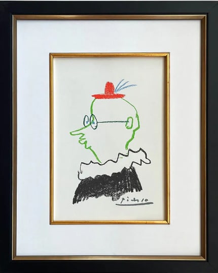 Picasso Lithograph 33 The Friend 1968 framed: Title: ?The Friend Artist: Pablo Picasso Country: Spain Medium: Lithograph - 33 Marks: Signed in plate, not numbered Printed: 1968 on velum paper Provenance: Stories without Love 1968 Condition: