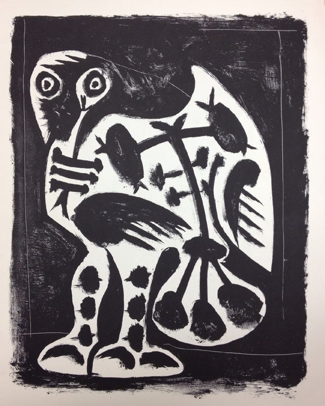 1959 Picasso lithograph The Great Owl: Artist: Pablo Picasso Country: Spain Title: The Great Owl Medium: Lithograph Paper Size: 17 x 14 inch Published: 1959 by Cincinnati Art Museum Provenance: Cincinnati Art Museum Picasso lithograph