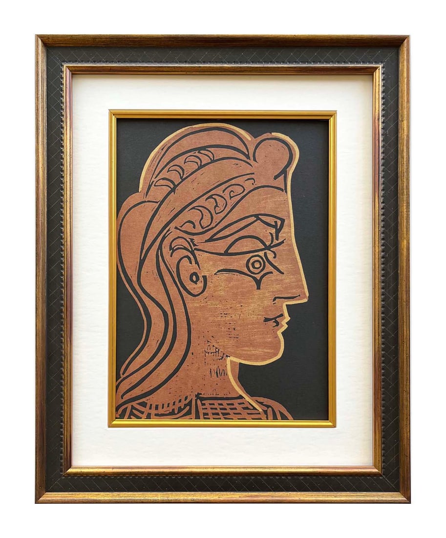Picasso 2 Tete de Femme framed: Artist: Pablo Picasso Country: Spain Title: Tete de Femme Medium: Multichrome - 2 Marks: Not signed, not numbered Paper size 12.50 x 15 inches on heavy paper 350g Old Mill Bianco. Provenance: Picasso 
