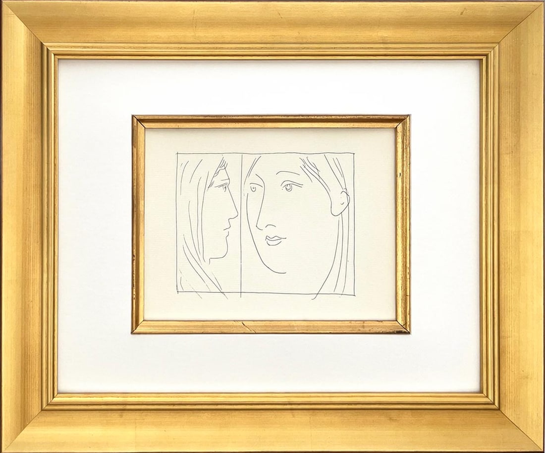 Picasso 19 Two heads of women framed: Title: Two heads of women Artist: Pablo Picasso (after) Country: Spain Medium: Facsimile ? 19 Marks: Not signed, not numbered Paper Size: 11 x 8.50 inches Printed: Circa 1970s on Papier Verge fin blan