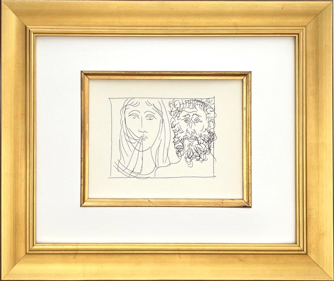 Picasso 20 Head of a bearbed man and a veiled woman framed: Title: Head of a bearded man and a veiled woman Artist: Pablo Picasso (after) Country: Spain Medium: Facsimile ? 20 Marks: Not signed, not numbered Paper Size: 11 x 8.50 inches Printed: Circa 1970s on