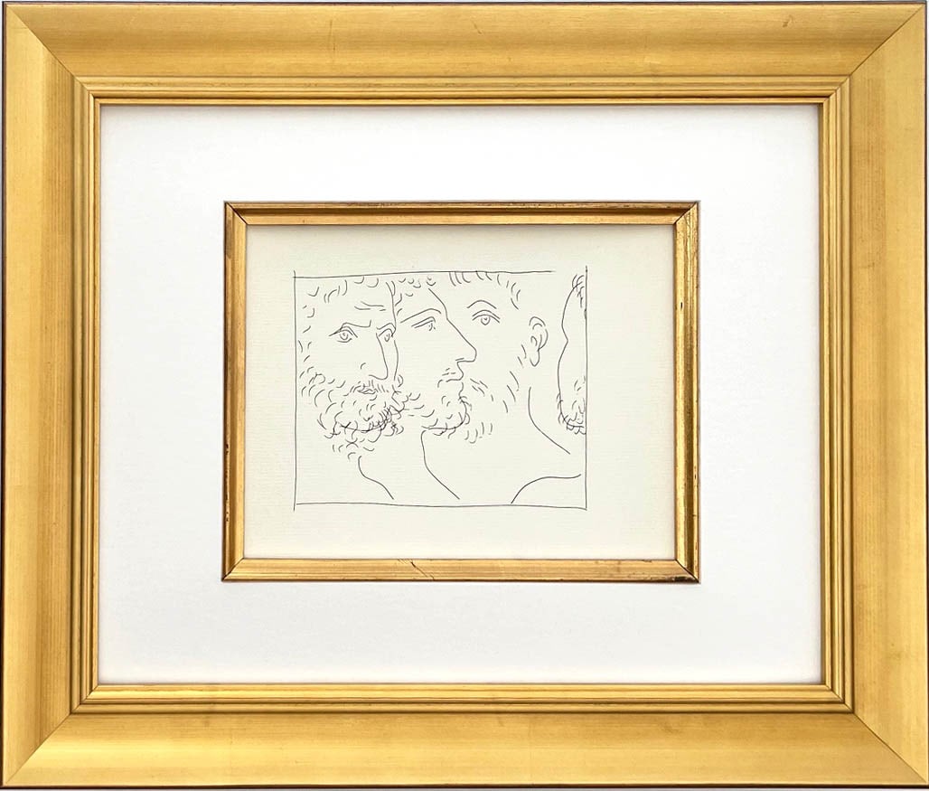 Picasso 22 Four men's heads framed: Title: Three heads of men Artist: Pablo Picasso (after) Country: Spain Medium: Facsimile ? 22 Marks: Not signed, not numbered Paper Size: 11 x 8.50 inches Printed: Circa 1970s on Papier Verge fin blan