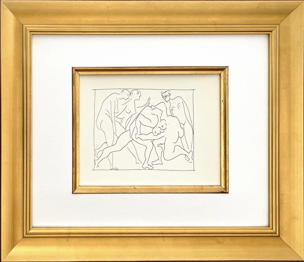 Picasso 23 Two wrestlers observed by 3 figure women framed: Title: Two wrestlers observed by 3 figure women Artist: Pablo Picasso (after) Country: Spain Medium: Facsimile ? 23 Marks: Not signed, not numbered Paper Size: 11 x 8.50 inches Printed: Circa 1970s on