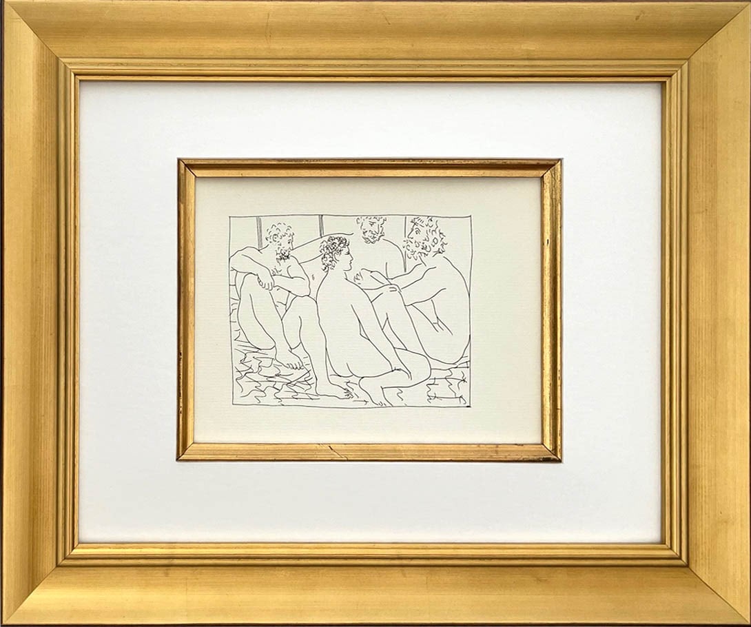 Picasso 28 Four seated figure men framed: Title: Four seated figure men Artist: Pablo Picasso (after) Country: Spain Medium: Facsimile ? 28 Marks: Not signed, not numbered Paper Size: 11 x 8.50 inches Printed: Circa 1970s on Papier Verge fin 
