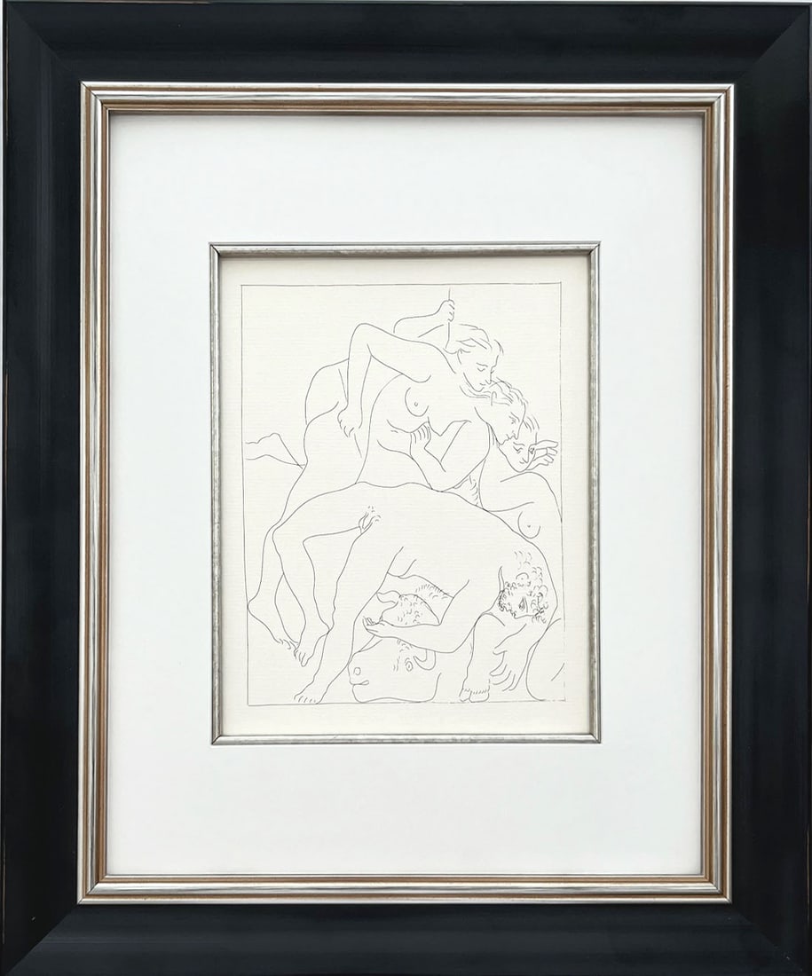 Picasso 3 Death of Orpheus framed: Title: Death of Orpheus Artist: Pablo Picasso (after) Country: Spain Medium: Facsimile - 3 Marks: Not signed, not numbered Paper Size: 11 x 8.50 inches Printed: Circa 1970s on Papier Verge fin blanc