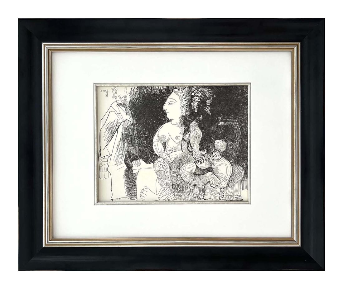 Picasso Gravure Apollinaire Les onze mille verges 1 Framed: Les onze mille verges gravures by Pablo Picasso printed 1984 on Grand Velin de Papeteries de Lana Title: Les onze mille verges 1 Artist: Pablo Picasso Country: Spain Medium: Gravure Marks: Not signed,