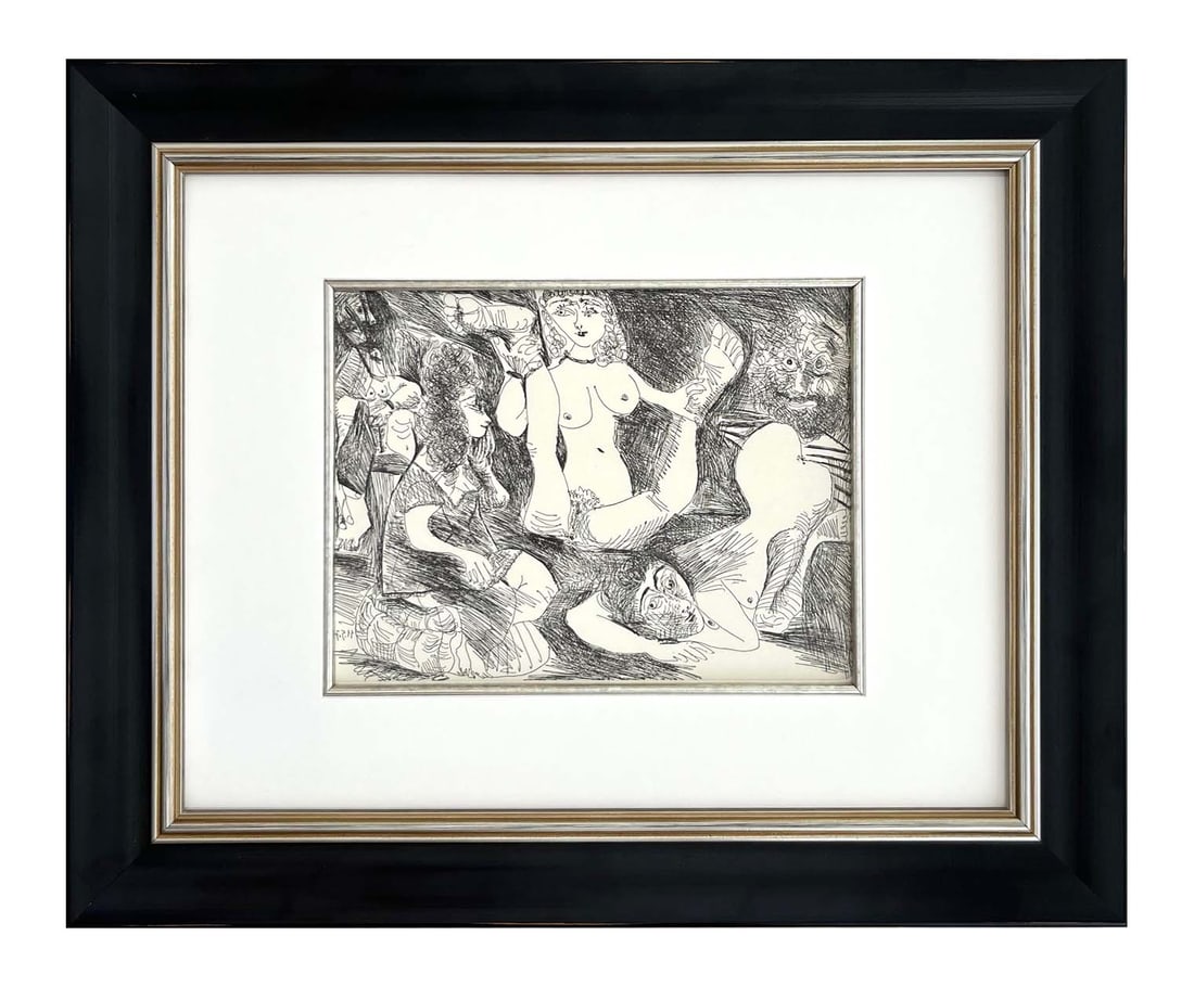 Picasso Gravure Apollinaire Les onze mille verges 10 Framed: Title: Les onze mille verges 10 Artist: Pablo Picasso Country: Spain Medium: Gravure Marks: Not signed, numbered Paper: Grand Velin de Papeteries de Lana 10.50 x 8 inch Printed: 1984 in Paris Pr