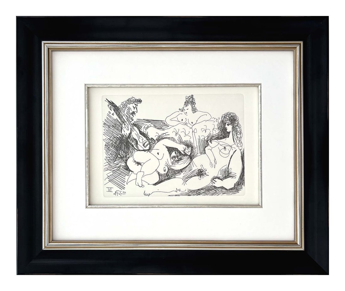 Picasso Gravure Apollinaire Les onze mille verges 3 Framed: Title: Les onze mille verges 3 Artist: Pablo Picasso Country: Spain Medium: Gravure Marks: Not signed, numbered Paper: Grand Velin de Papeteries de Lana 10.50 x 8 inch Printed: 1984 in Paris Pro