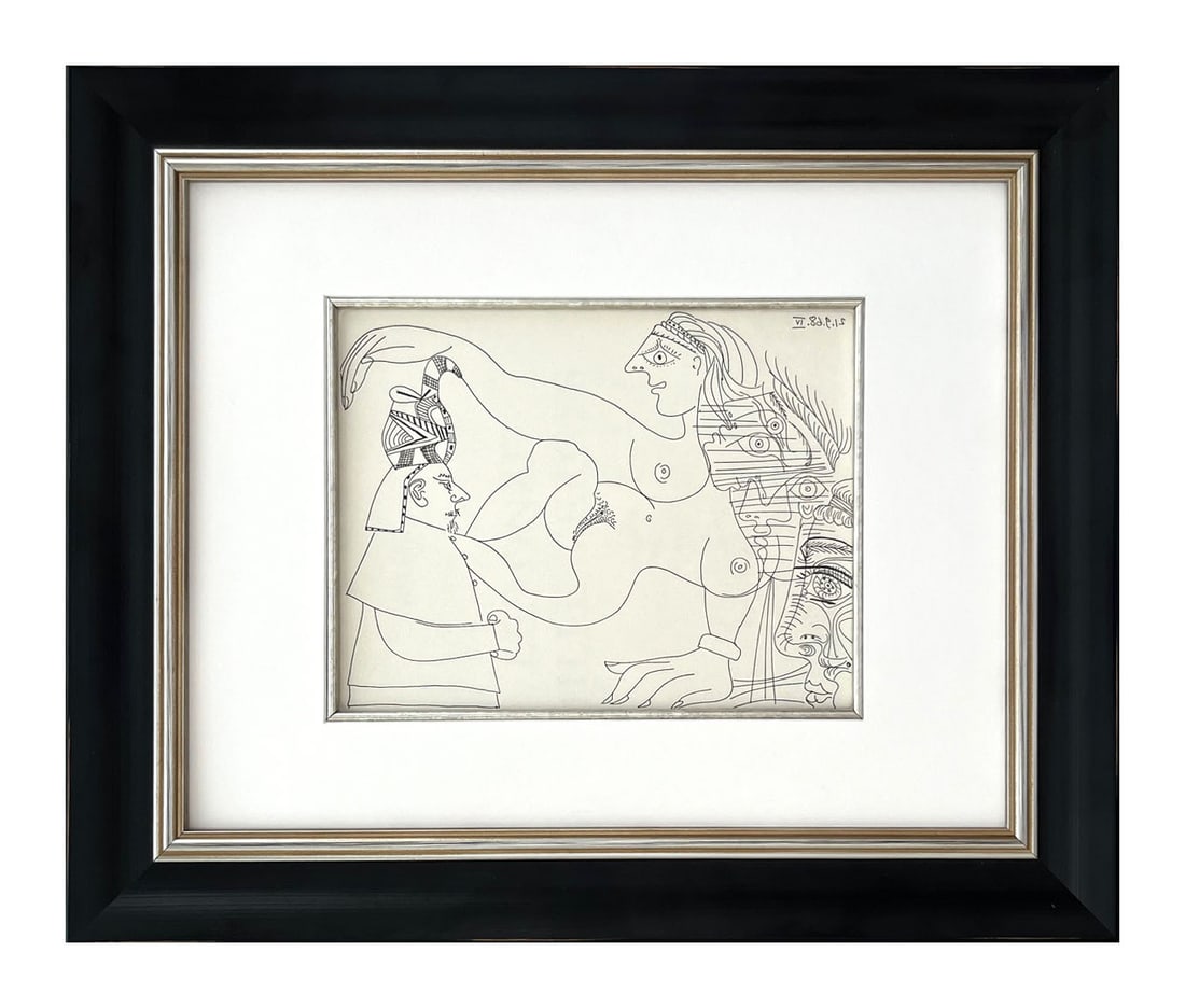 Picasso Gravure Apollinaire Les onze mille verges 4 Framed: Title: Les onze mille verges 8 Artist: Pablo Picasso Country: Spain Medium: Gravure Marks: Not signed, numbered Paper: Grand Velin de Papeteries de Lana 10.50 x 8 inch Printed: 1984 in Paris Pro