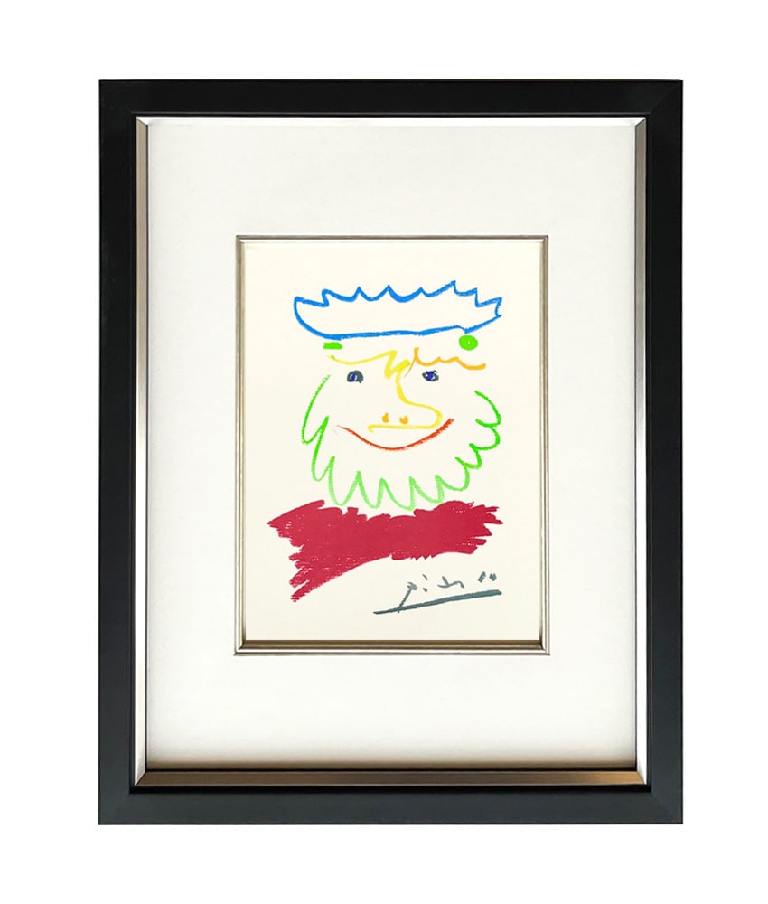Picasso Lithograph 17 king of the south 2 Framed: Title: King of the South 2 Artist: Pablo Picasso Country: Spain Medium: Lithograph 17 Marks: Signed in plate, not numbered Paper Size: 13.70 x 9.50 inch Printed: 1968 on velum paper Provenance: