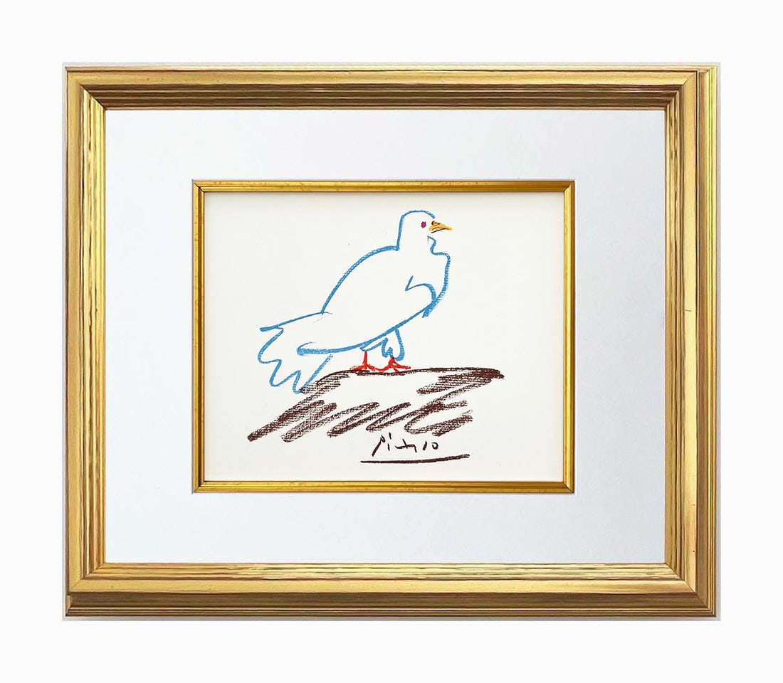 Picasso Lithograph 59 Verwidwete Dove framed: Title: Verwidwete Dove Artist: Pablo Picasso Country: Spain Medium: Lithograph 59 Marks: Signed in plate, not numbered Paper Size: 13.70 x 9.50 inch Printed: 1968 on velum paper Provenance: Stories
