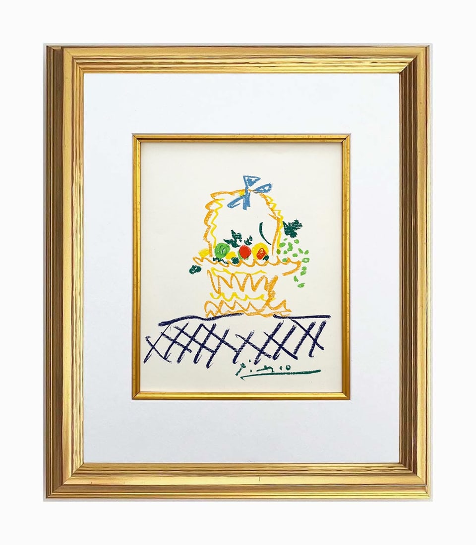 Picasso Lithograph 63 Floral watch framed: Title: Floral watch Artist: Pablo Picasso Country: Spain Medium: Lithograph 63 Marks: Signed in plate, not numbered Paper Size: 13.70 x 9.50 inch Printed: 1968 on velum paper Provenance: Stories Witho